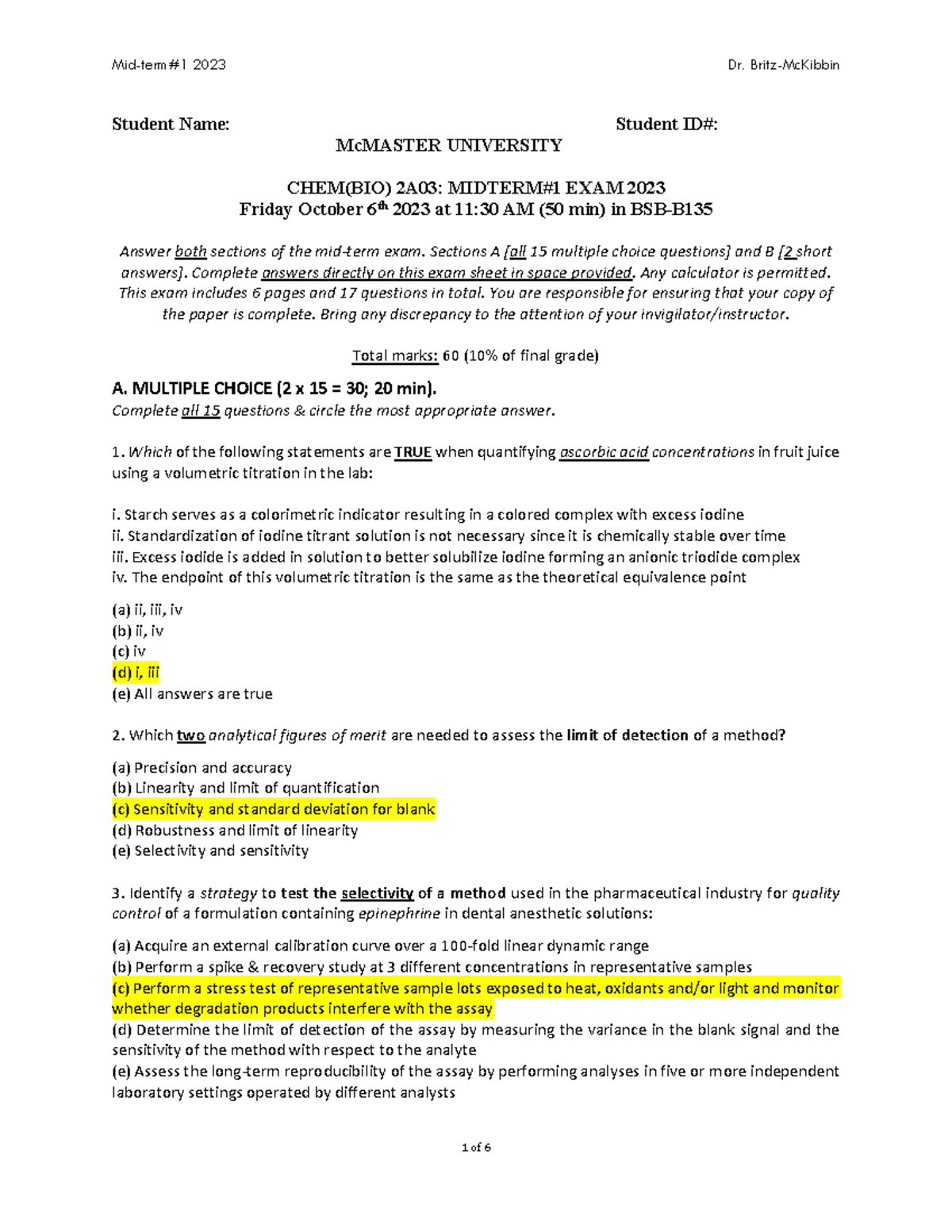 2023 CHEM(BIO) 2A03: Final Exam Solutions and Key Concepts - Studocu