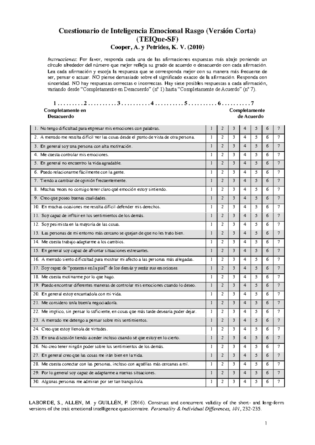 Cuestionario TEIQue-SF de Inteligencia Emocional (Versión Corta) - Document Preview