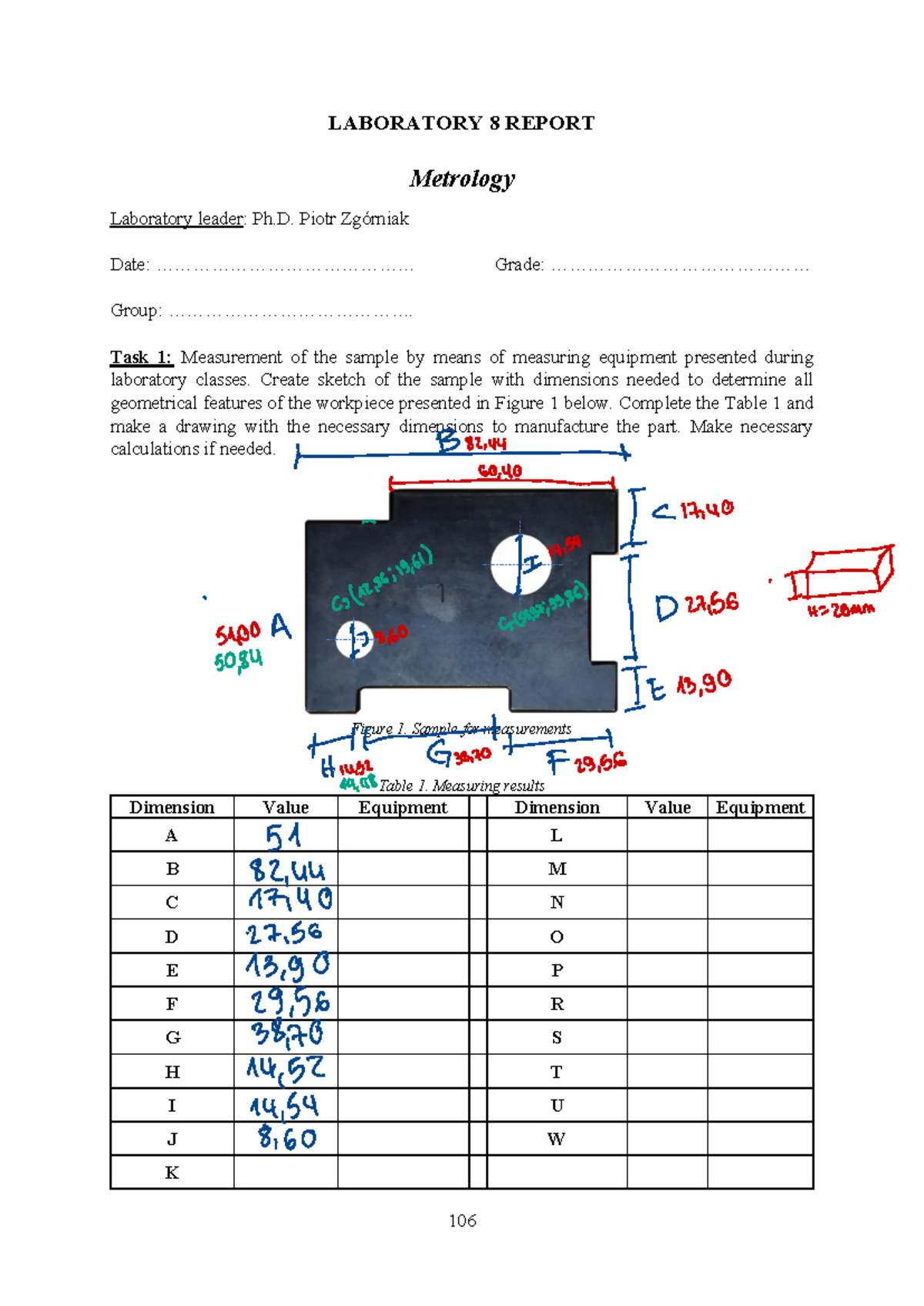 Report card Laboratory 8 - LABORATORY 8 REPORT Metrology Laboratory ...