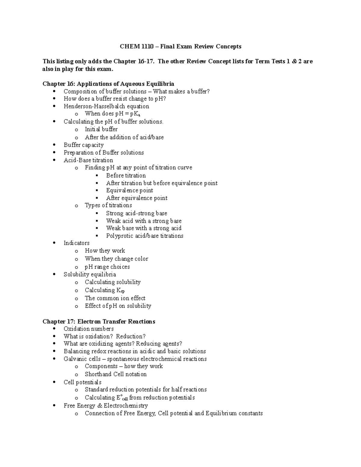 CHEM 1110 Final Exam Review: Chapters 16-17 Concepts 2025 - Studocu