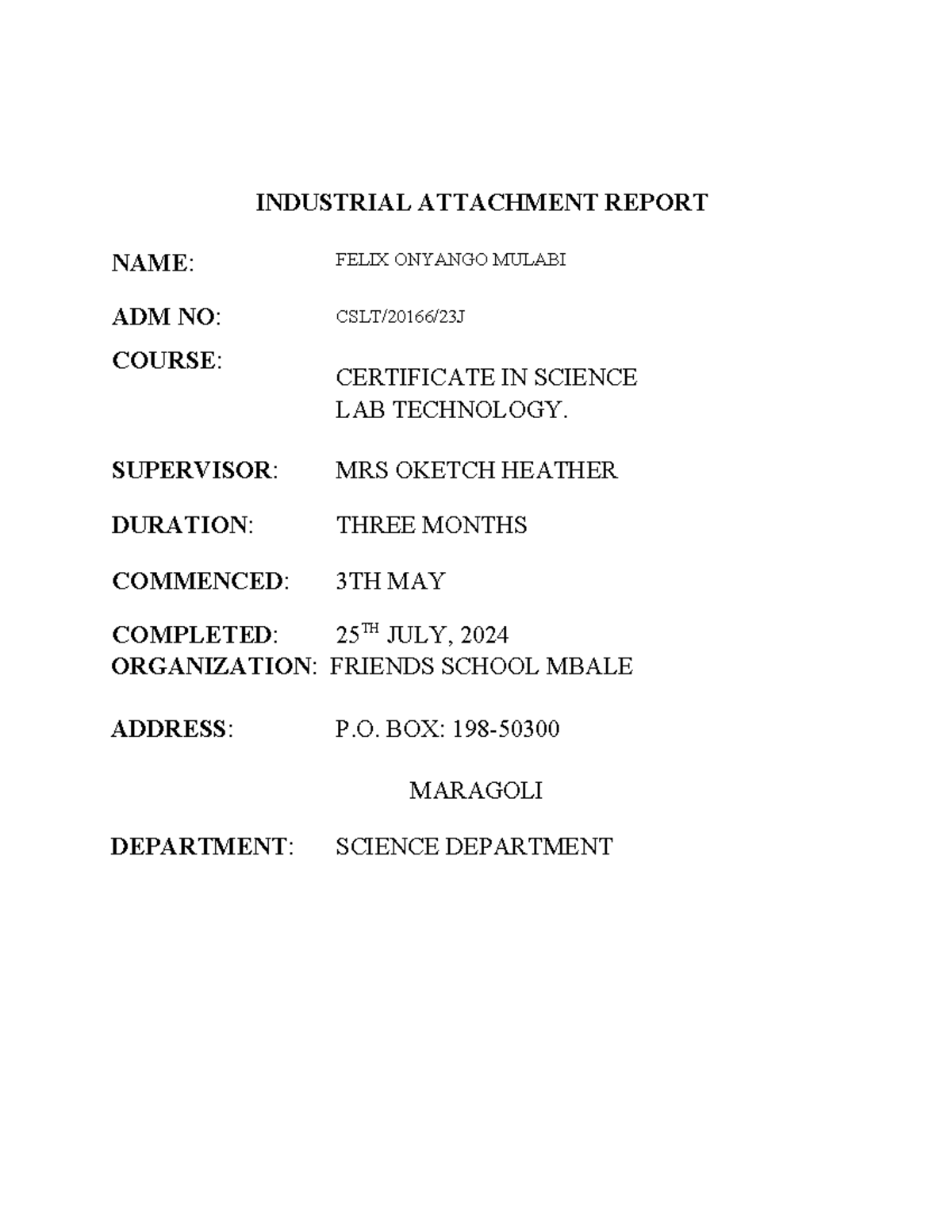 Industrial Attachment Report: Certificate in Science Lab Tech - Studocu