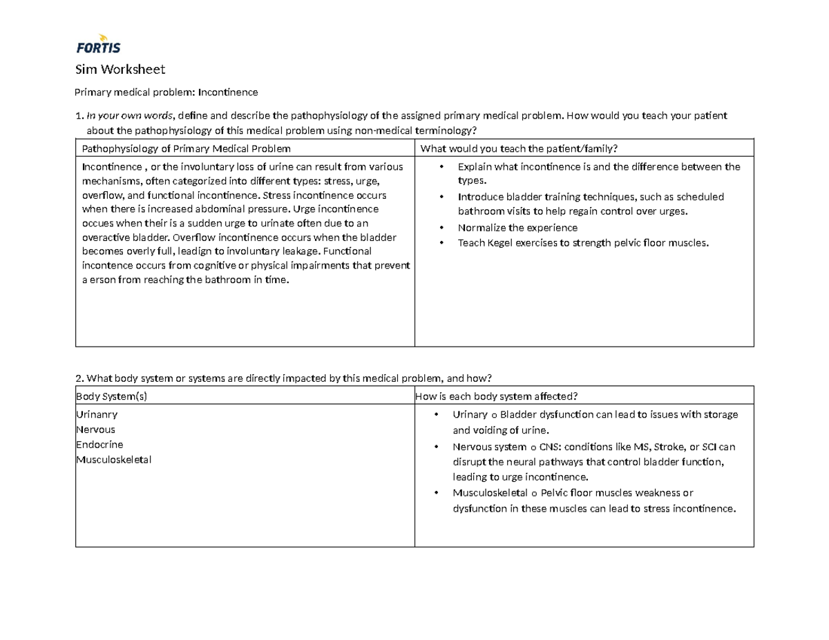 Sim Worksheet - Sim Worksheet Primary medical problem: Incontinence 1 ...