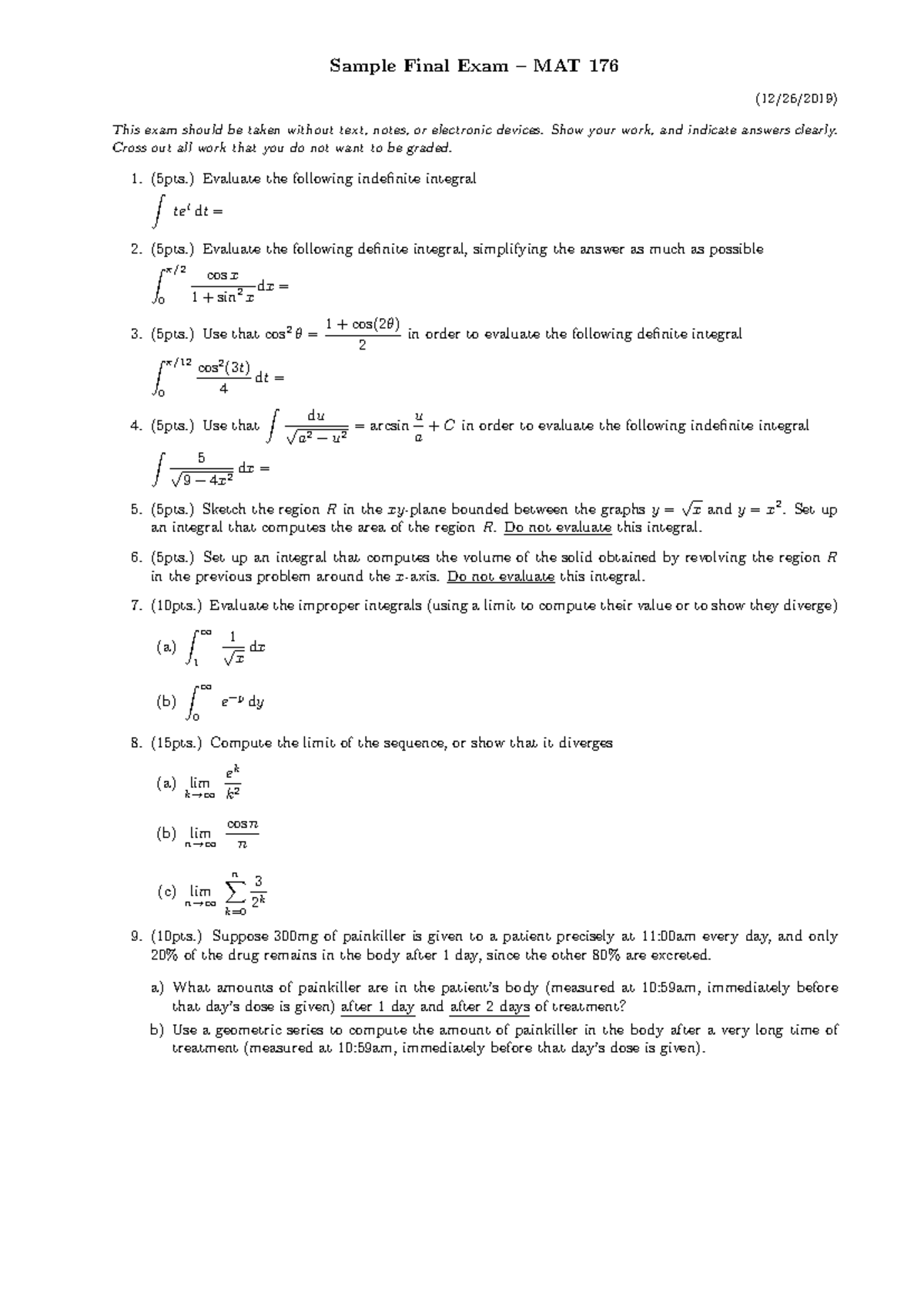 Sample Final Exam – MAT 176: Calculus Concepts & Applications - Studocu