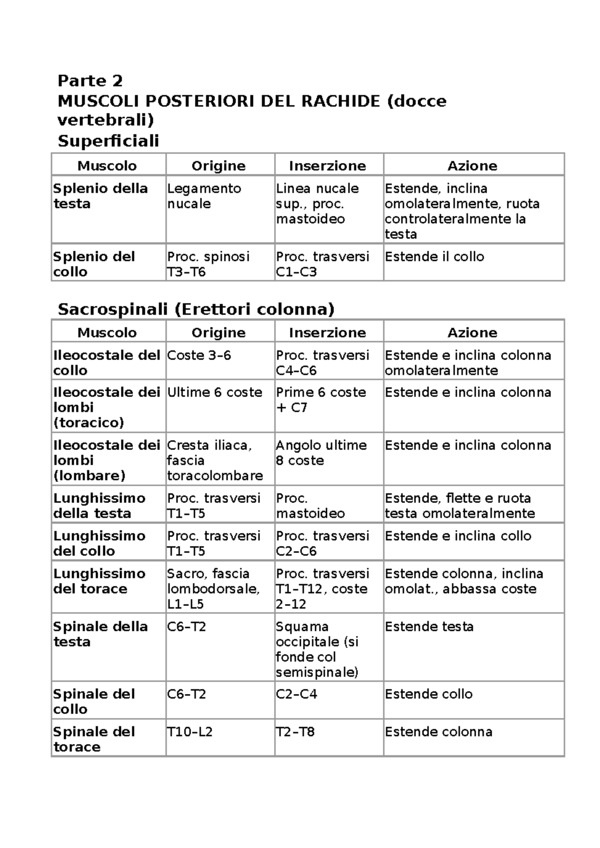 Parte 2: Muscoli Posteriori del Rachide - Anatomia e Funzioni - Studocu