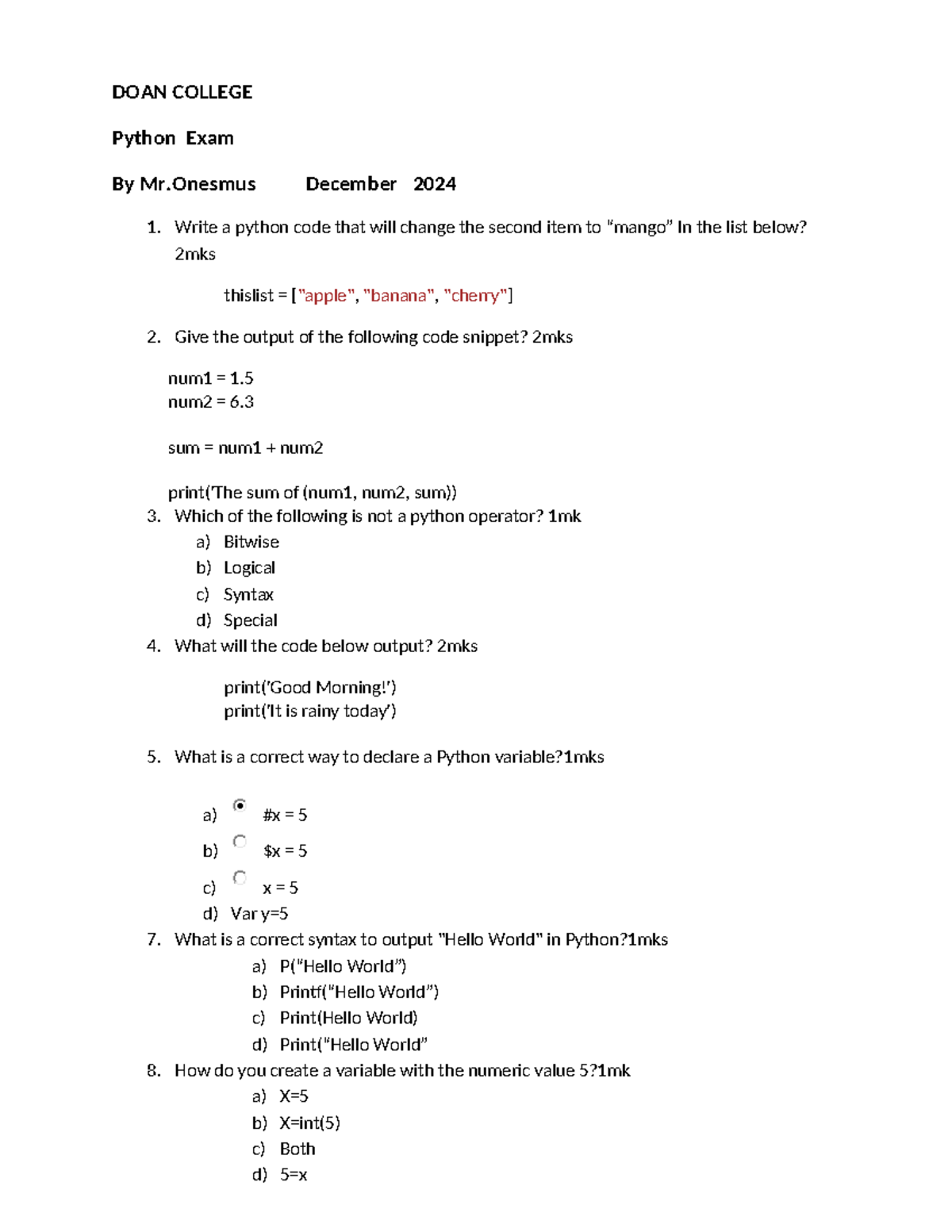 Python exam - DOAN COLLEGE Python Exam By Mr December 2024 1. Write a ...