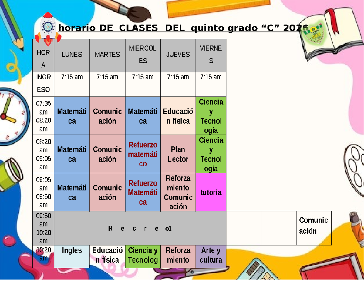 Horario de Clases Quinto Grado 2026 - 5 C - Studocu