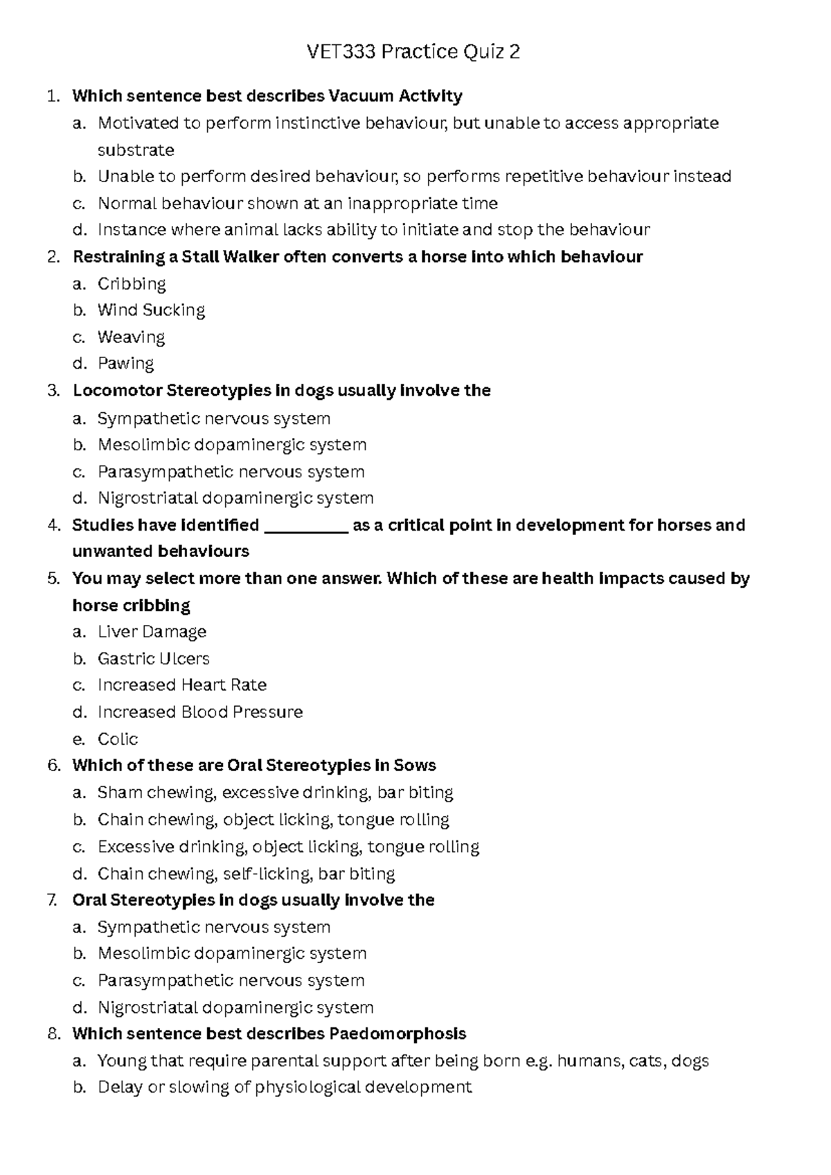 Practice Quiz VET333: Understanding Animal Behavior and Development ...