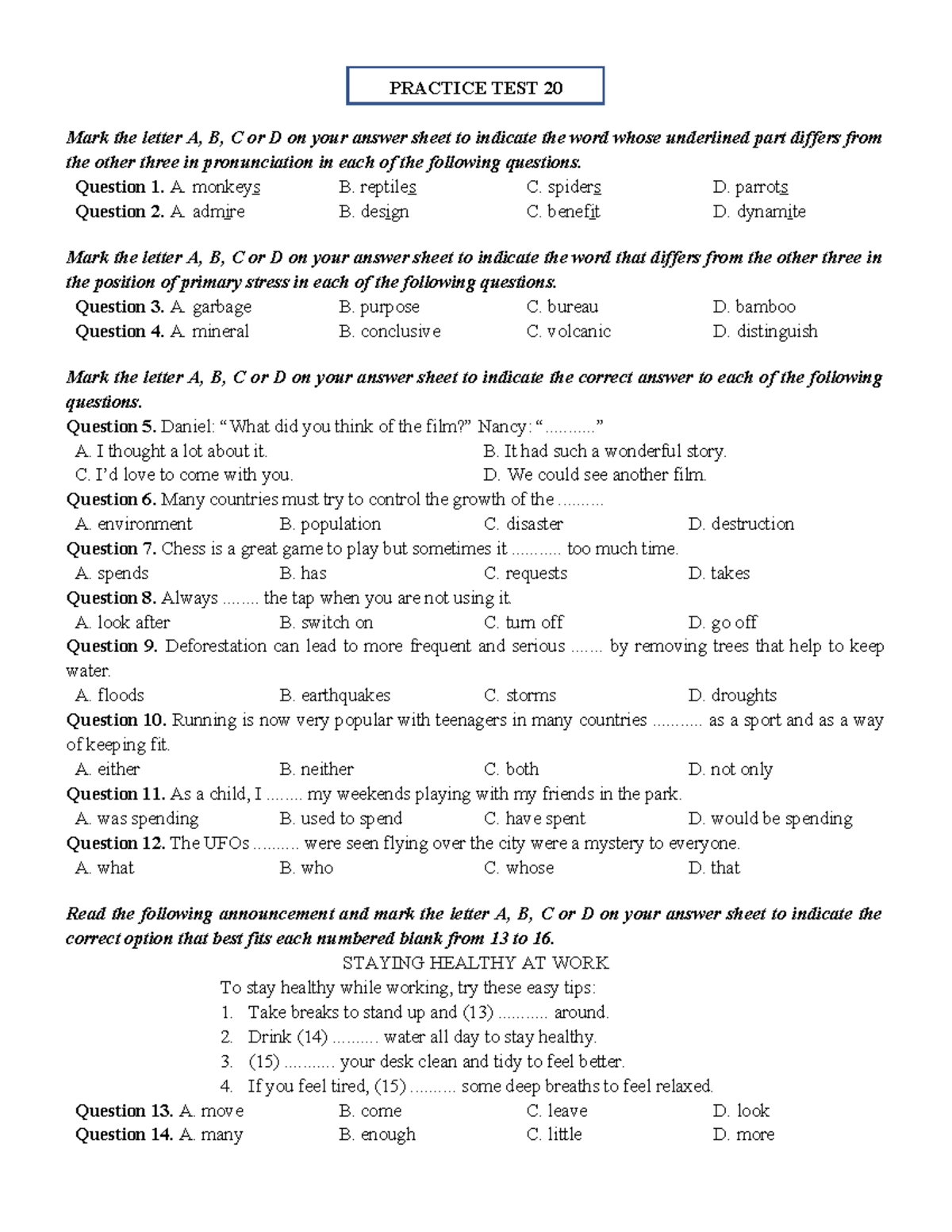 Test (20) - Practice Questions on Pronunciation and Comprehension - Studocu
