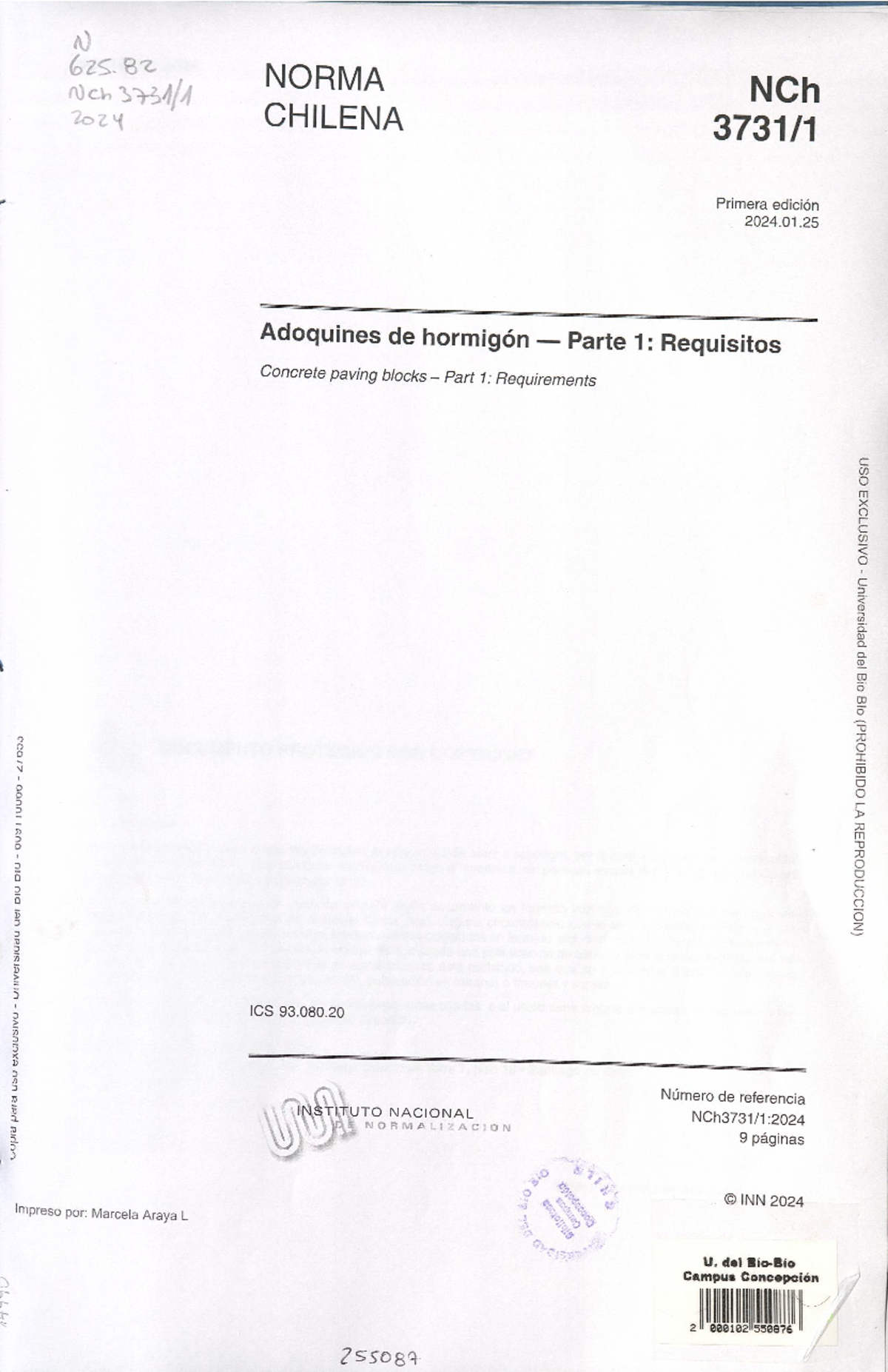 NCH3731-1 2024 - Norma Chilena sobre Adoquines de Hormigón - Document Preview