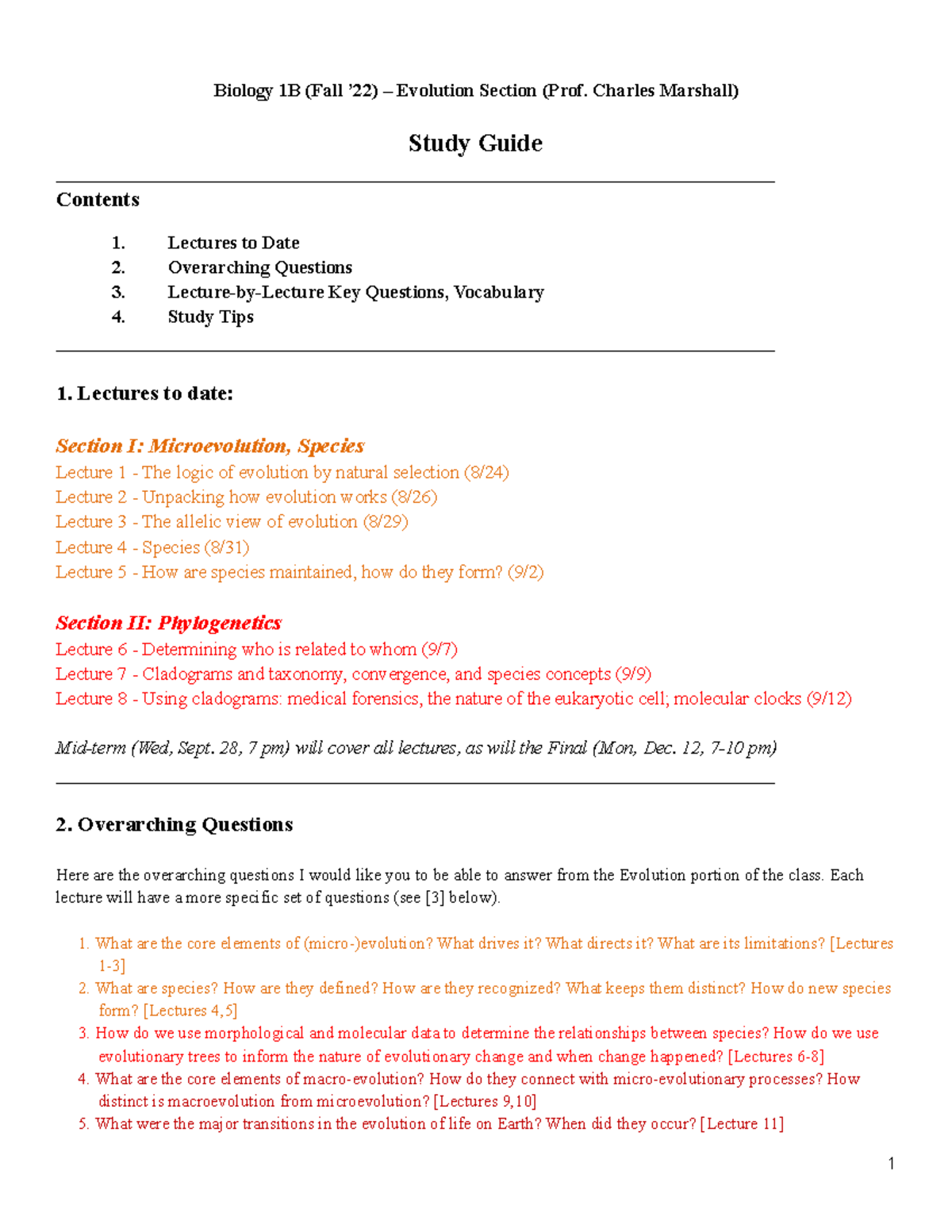 Evolution Lecture Study Guide - Biology 1B (Fall ’22) – Evolution ...