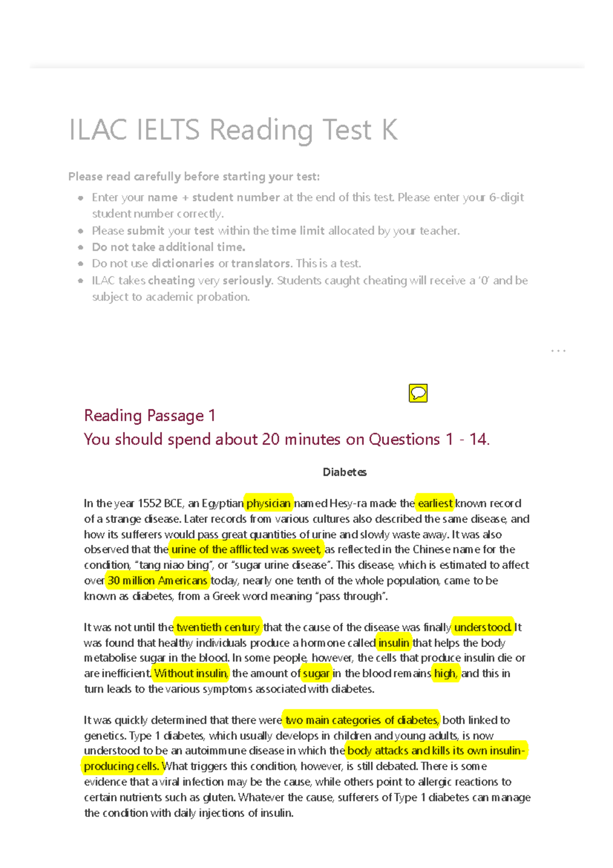 0921 IELTS Reading Test K: Diabetes & Effects of Music on Behaviour - Document Preview