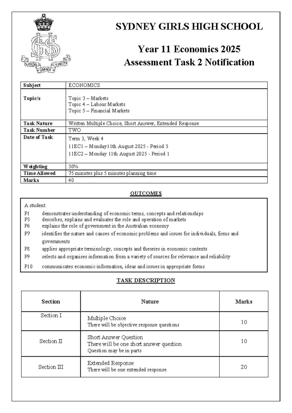 SYDNEY GIRLS HIGH SCHOOL Year 11 Economics 2025 Task 2 Notification ...