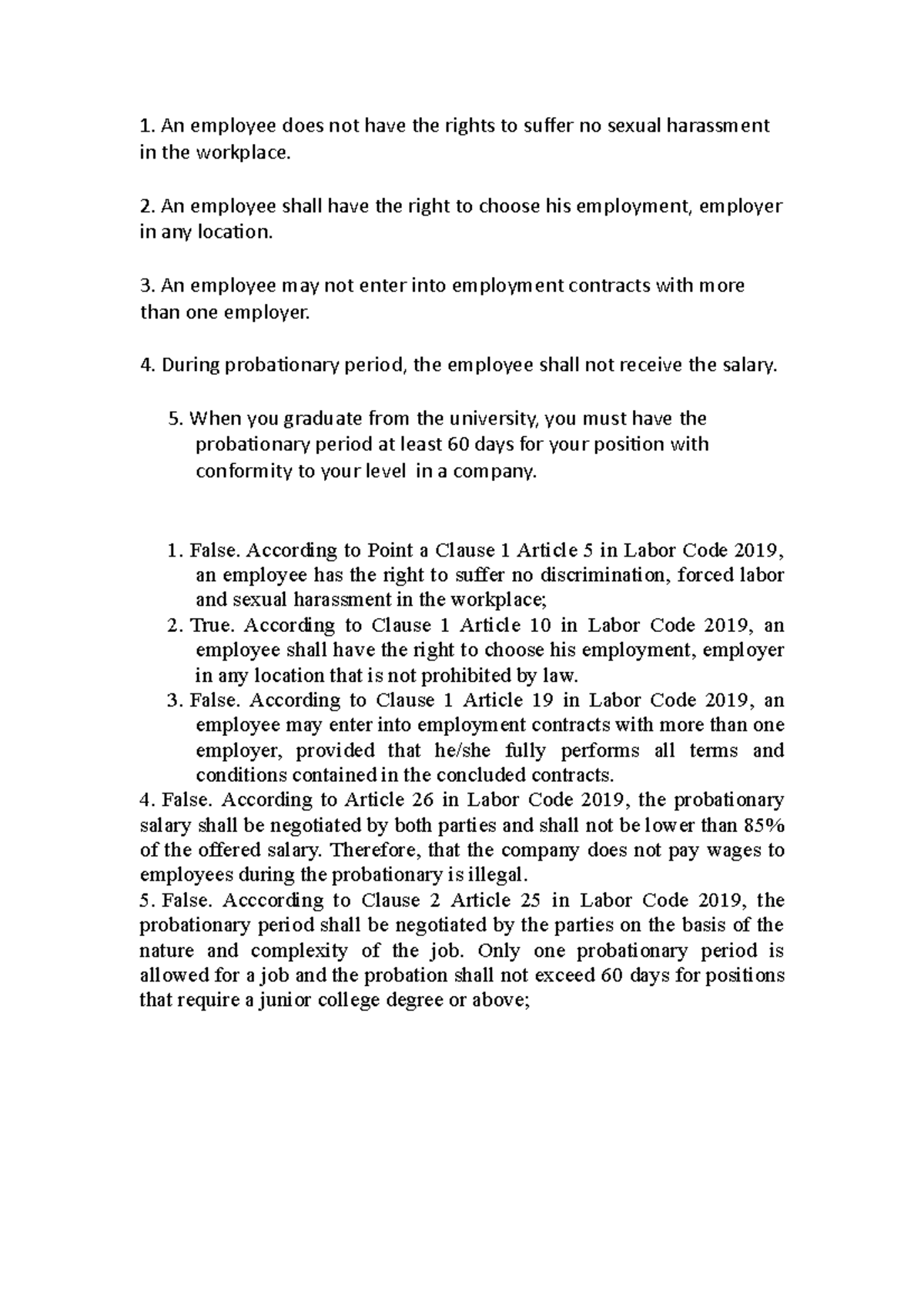 Luật Lao Động: True/False Analysis & Key Articles (2019) - Studocu