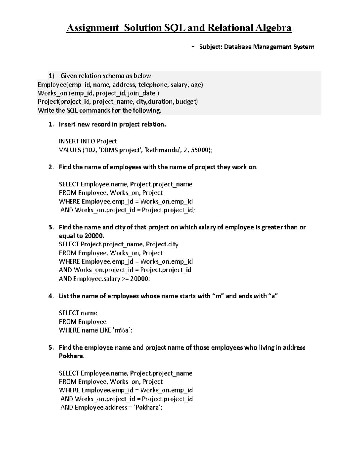 Assignment Solution Part 2: SQL Queries for Database Management (DBMS ...