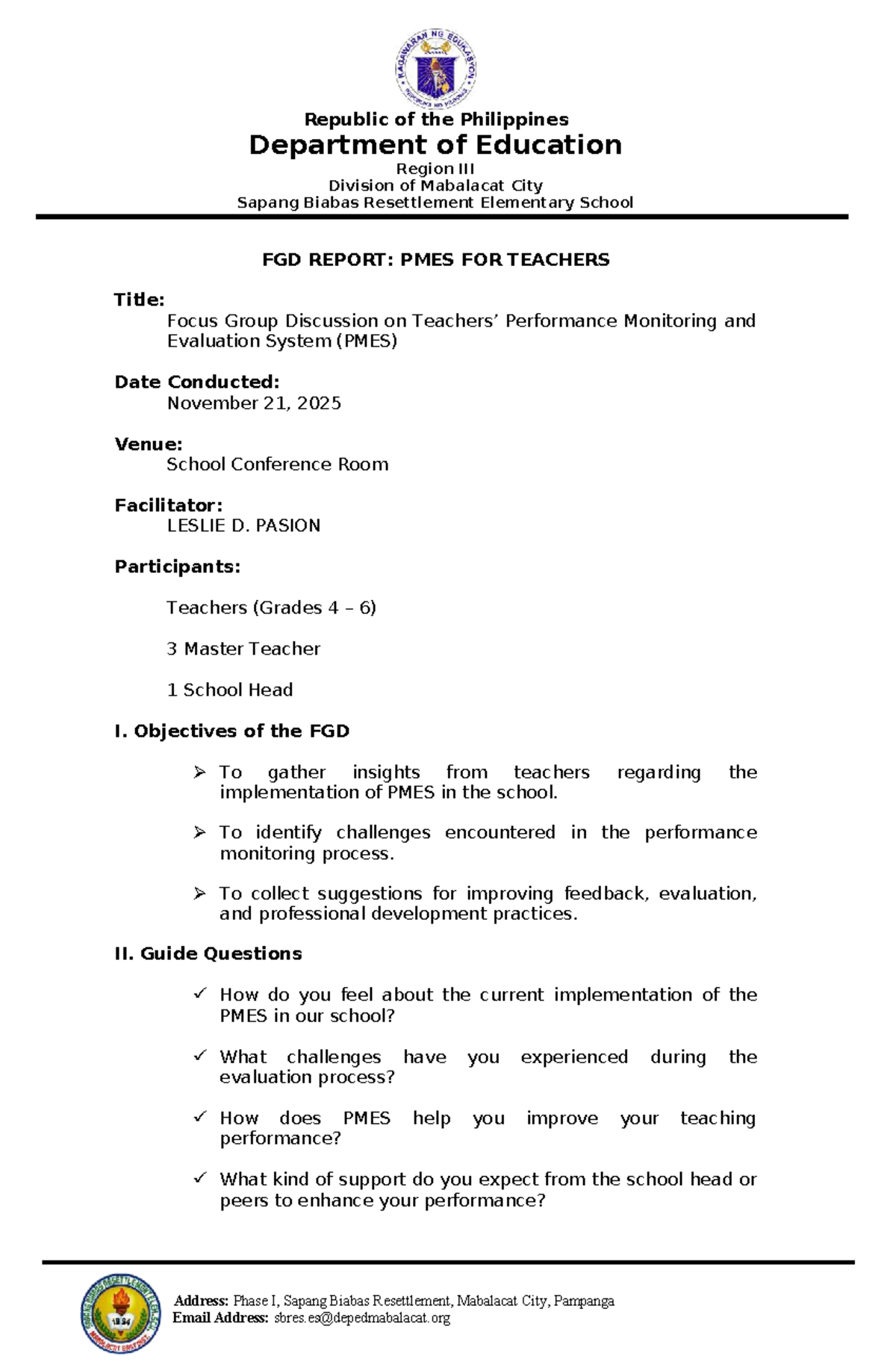 FGD Report: PMES Insights from Teachers (Grades 4-6) - Studocu