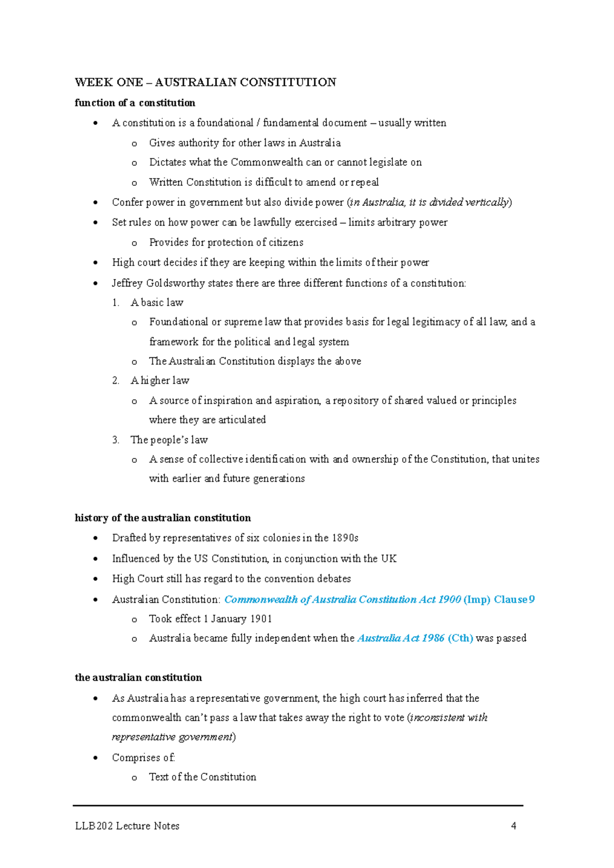 Llb203 week 1 lecture notes on the australian constitution - Studocu