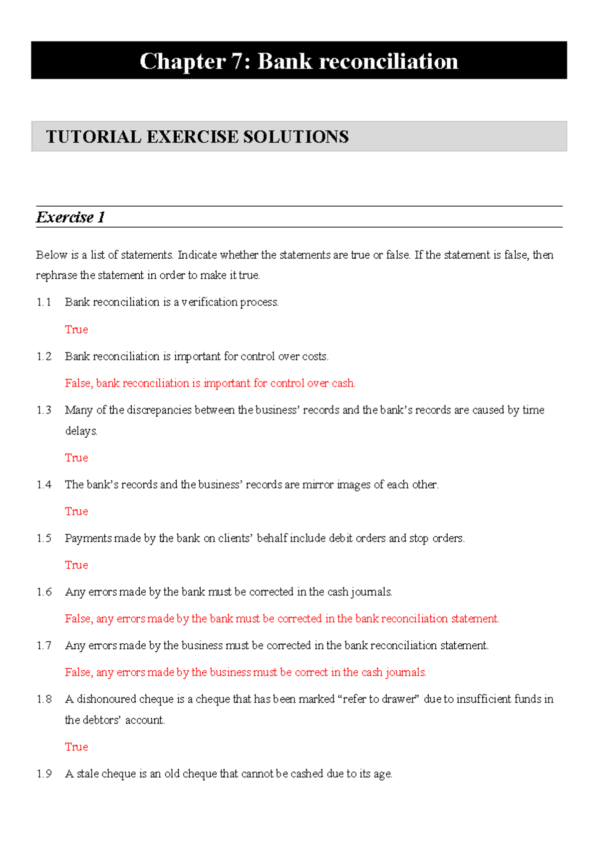 Chapter 7: Bank Reconciliation Tutorial Exercise Solutions - Studocu
