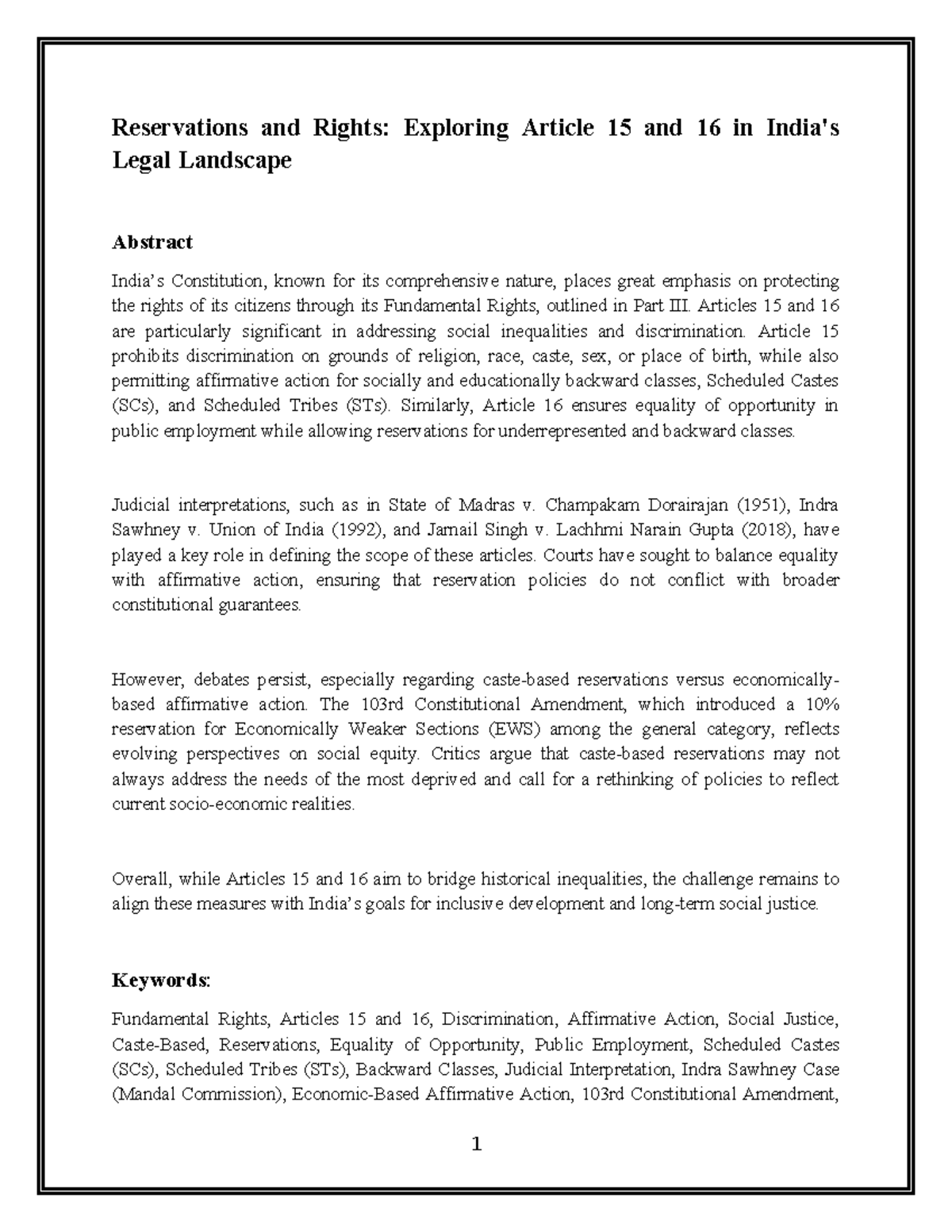 Research Paper on Constitutional Law: Articles 15 & 16 in India - Studocu