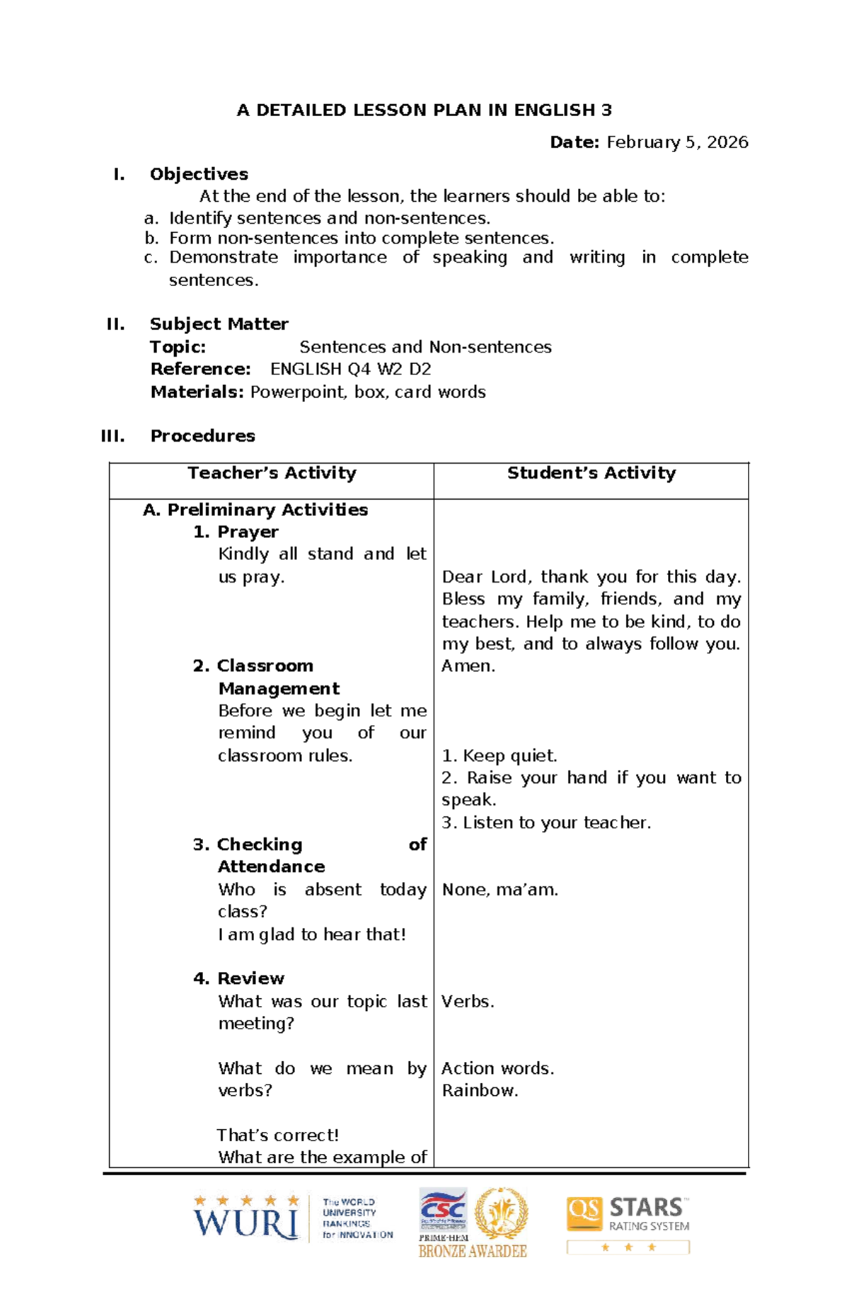 Detailed Lesson Plan: English 3 - Understanding Sentences - Studocu