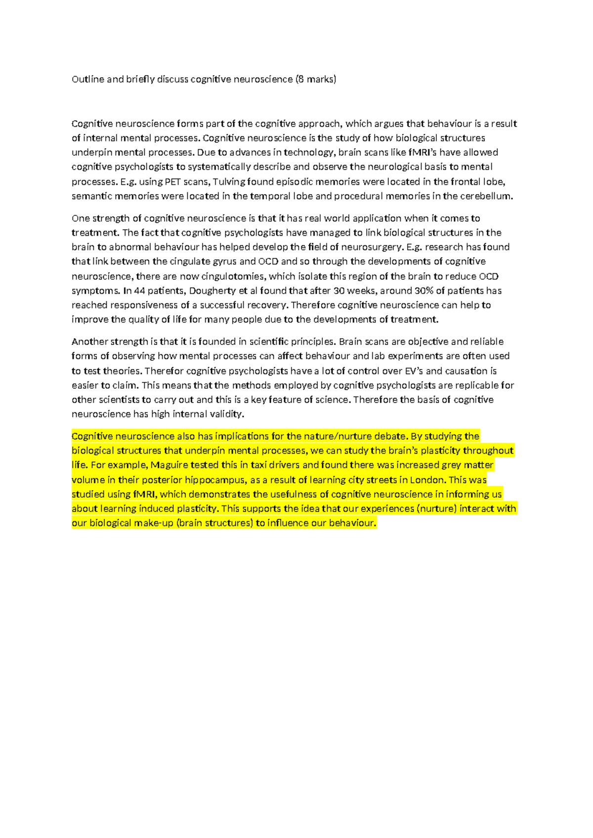 Cognitive Neuroscience Overview: Key Concepts & Applications CA 8 Marks ...