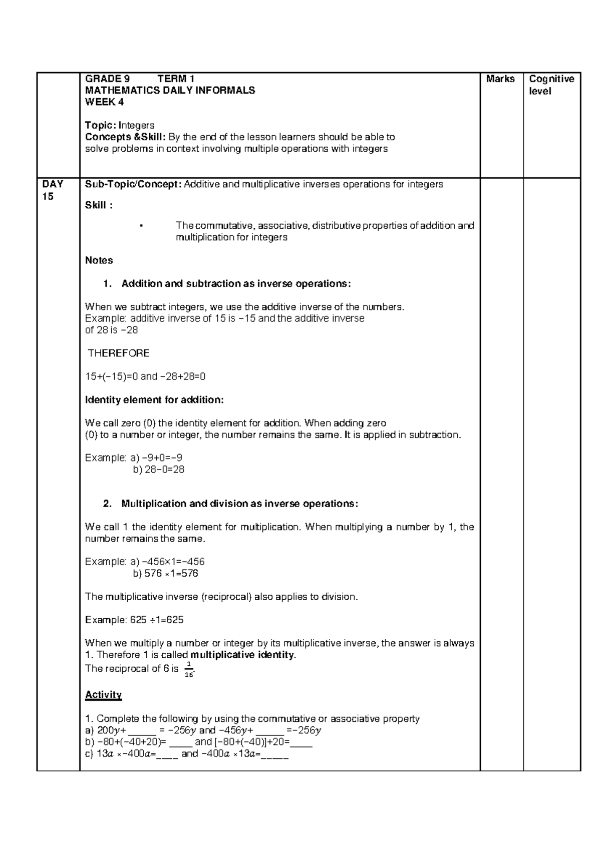 Grade 9 Maths: Integers Topic Review & Problem Solving (Weeks 3-4 ...