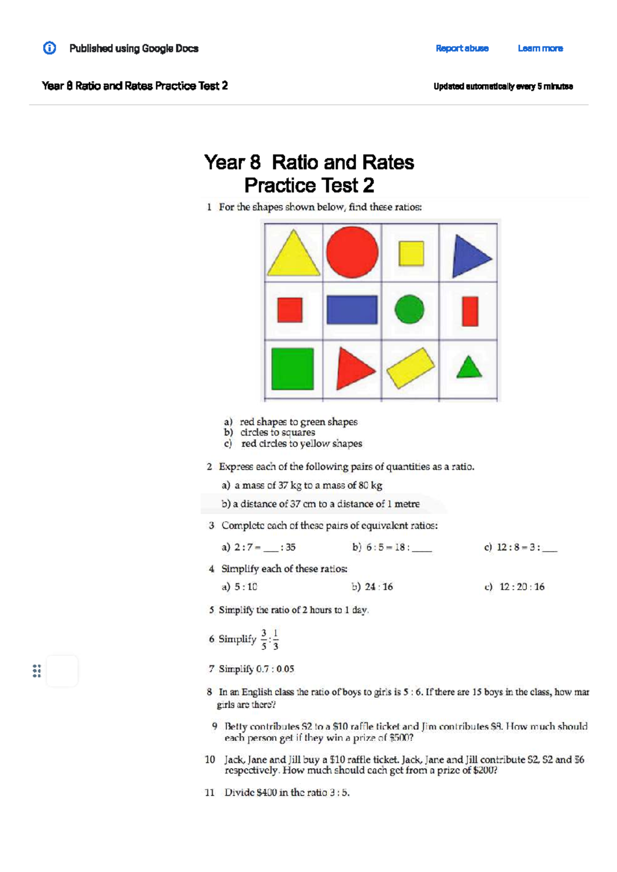 Year 8 Rates & Ratios Practice Test 2 - Studocu