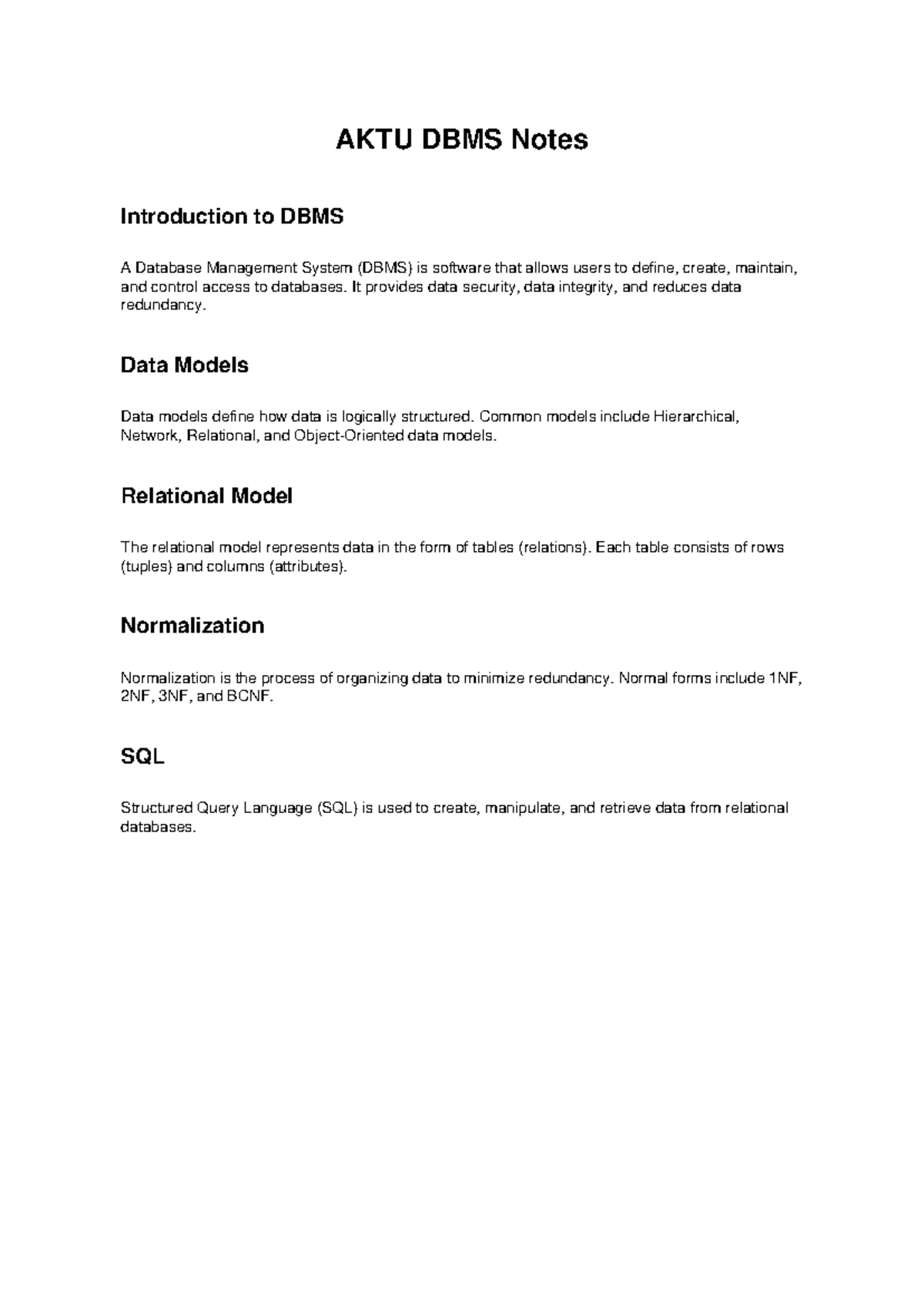 AKTU DBMS Notes: Introduction to Database Management Systems - Studocu