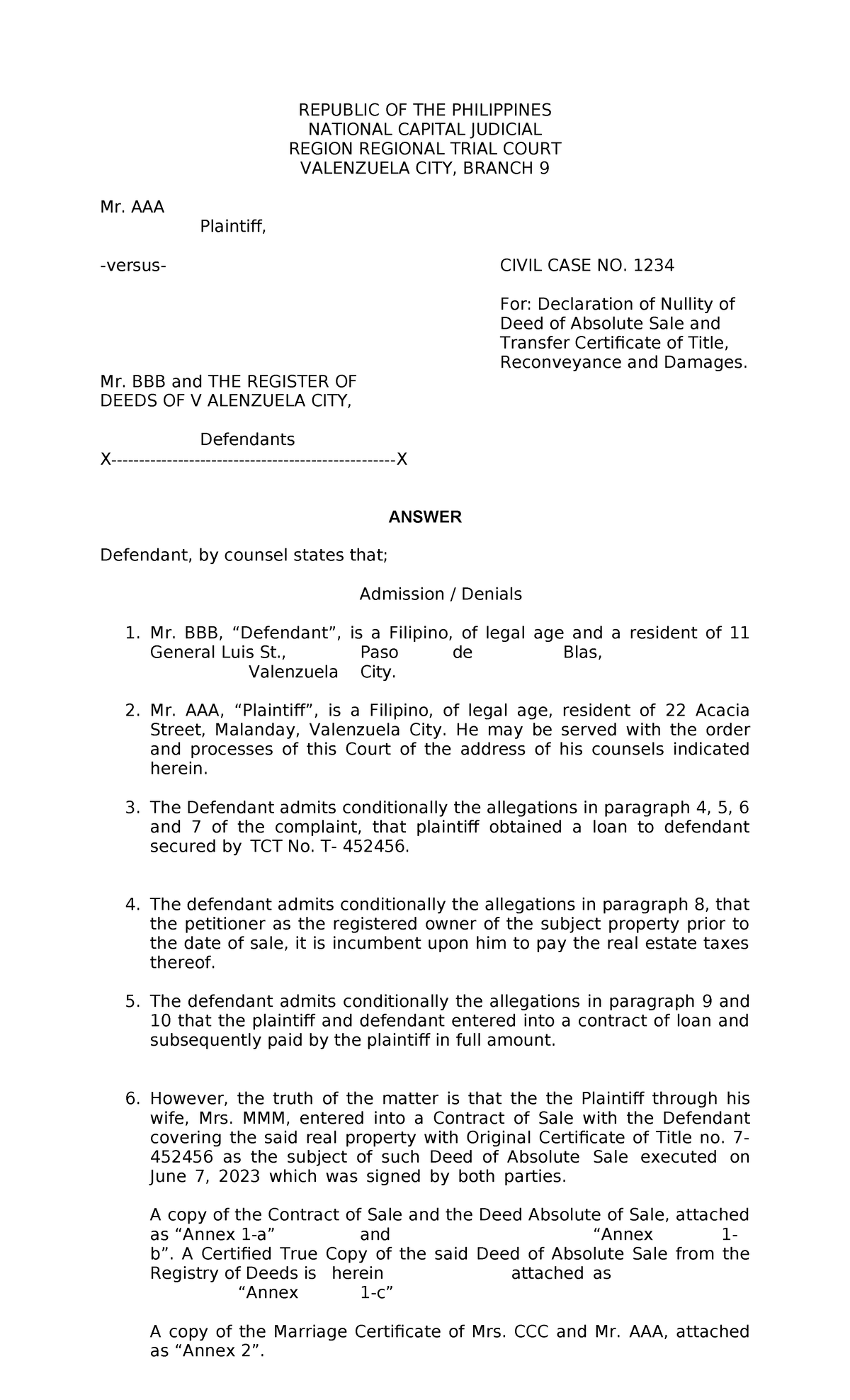 Civil Case No. 1234: Answer to Declaration of Nullity of Sale - Studocu
