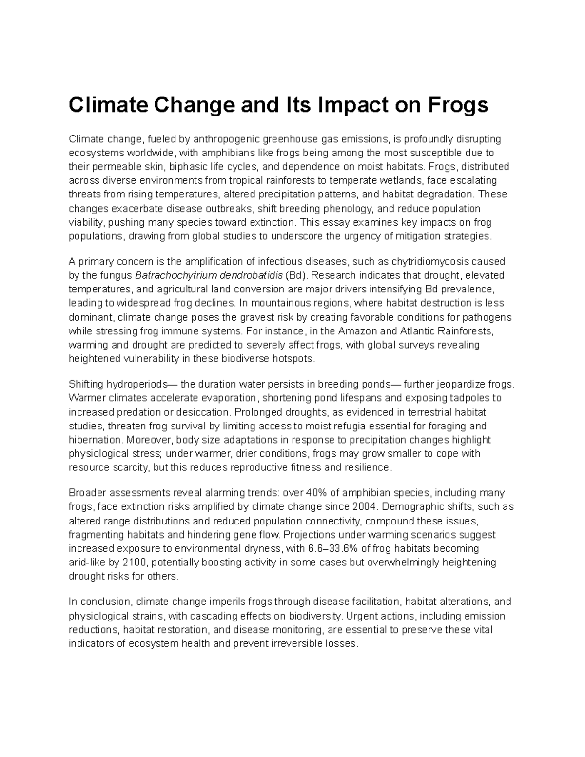 Climate Change and Its Impact on Frogs: Urgent Mitigation Strategies ...