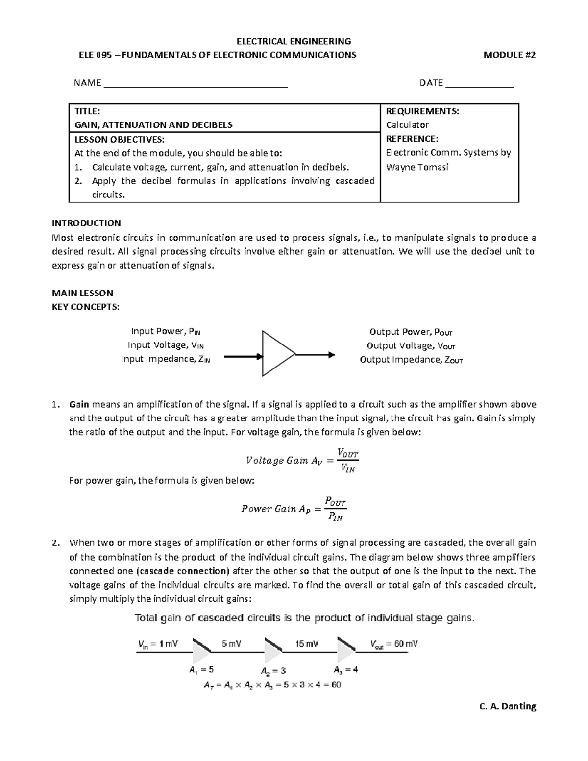 ELE 095 Module 2 Gain Attenuation and d B - ELE 095 – FUNDAMENTALS OF ...