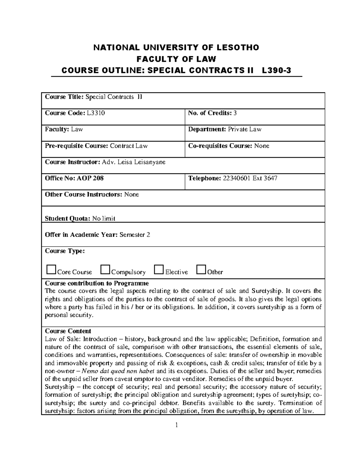 Title: Course Outline for Special Contracts II (L390) - Semester 2 ...