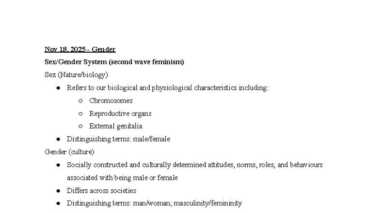 AP SOCI 1010 - Lecture Notes on Gender Systems and Feminism - Studocu
