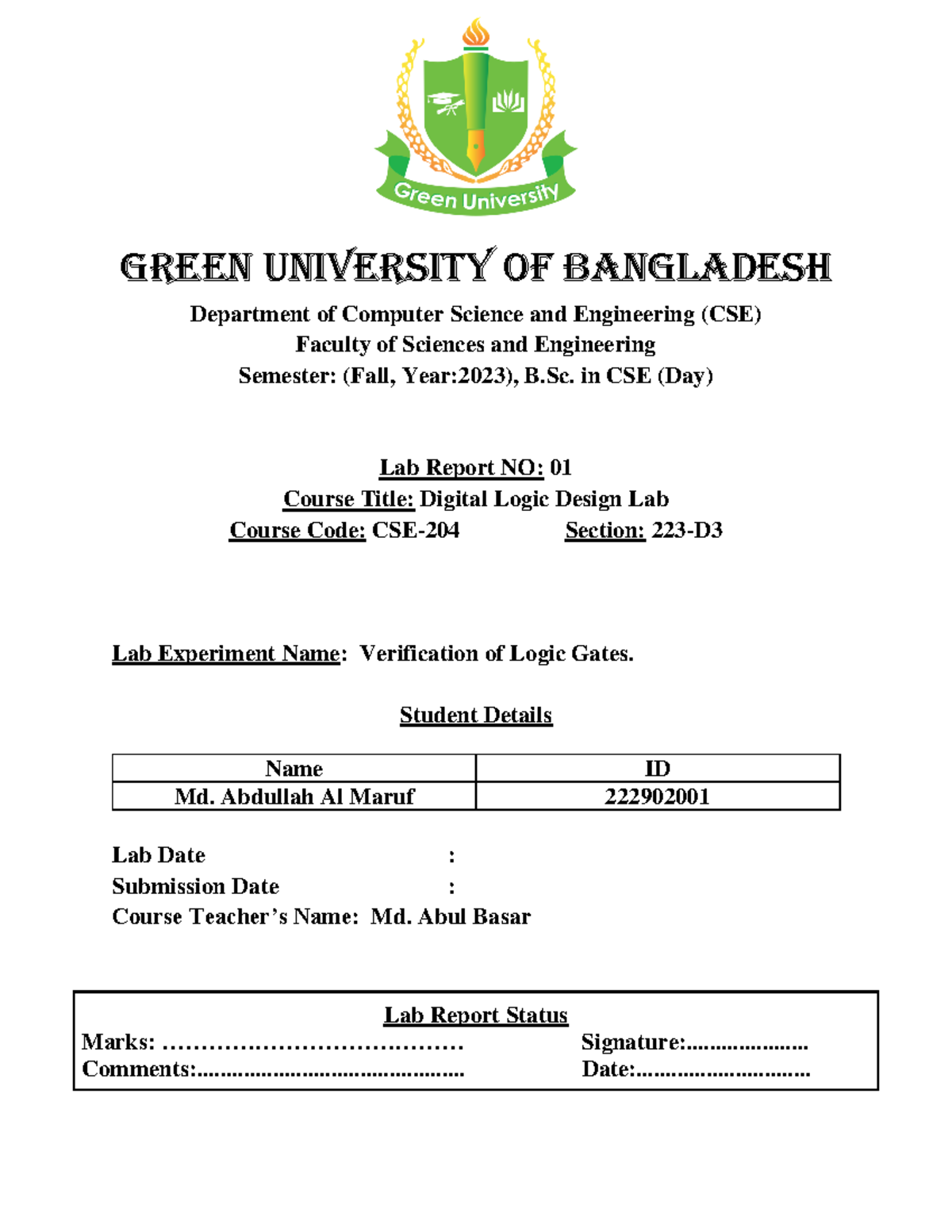 CSE-204 Lab Report 01: Verification of Logic Gates Experiment - Studocu