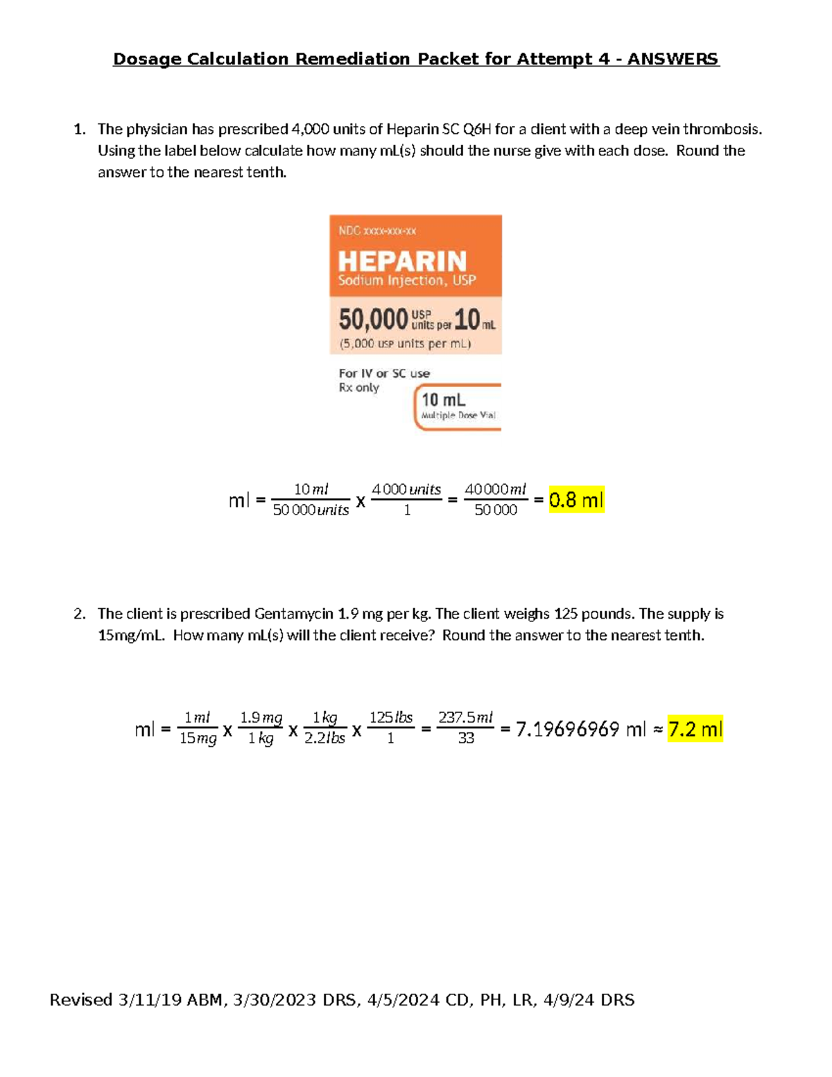 Dosage Calculation Remediation Packet for Attempt 4 - Answer Key - Studocu