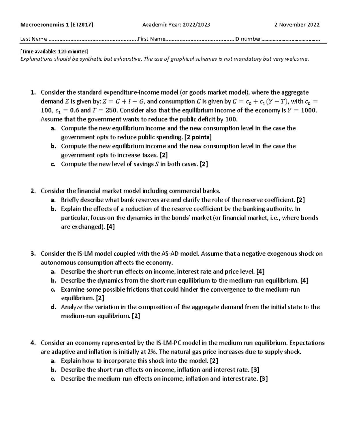 Macroeconomics 1 [ET2017] Final Exam - November 2, 2022 - Studocu