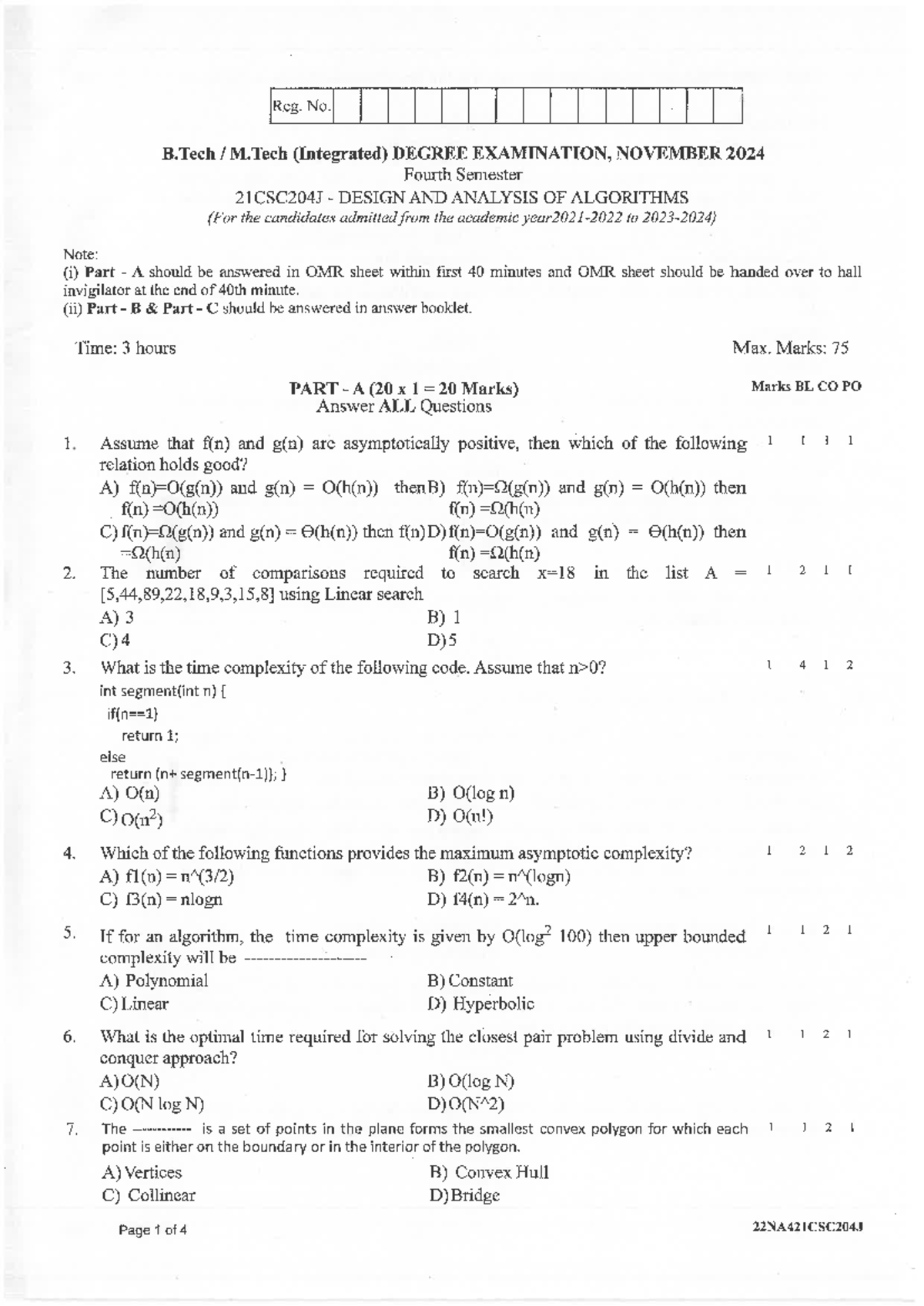21CSC204J Design and Analysis of Algorithms Exam Paper - Nov 2024 - Studocu