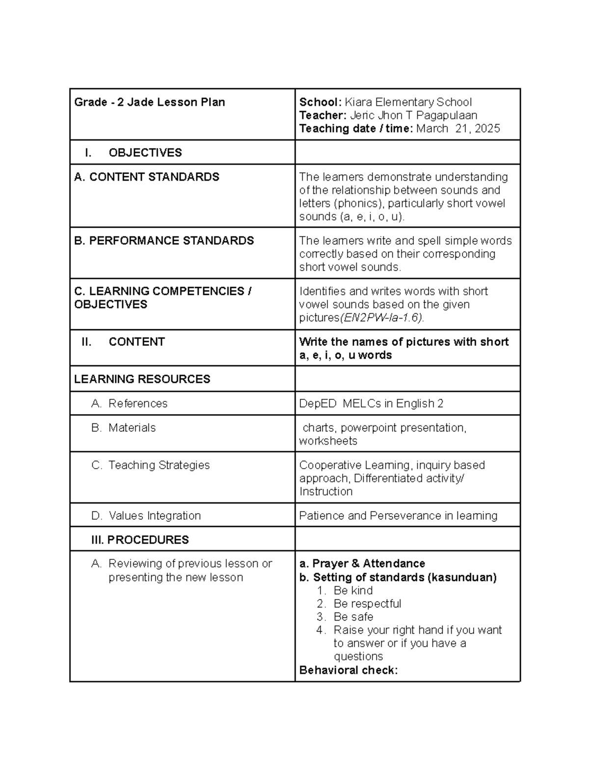 Grade 2 LP Final: Comprehensive Lesson Plan on Short Vowel Sounds - Studocu