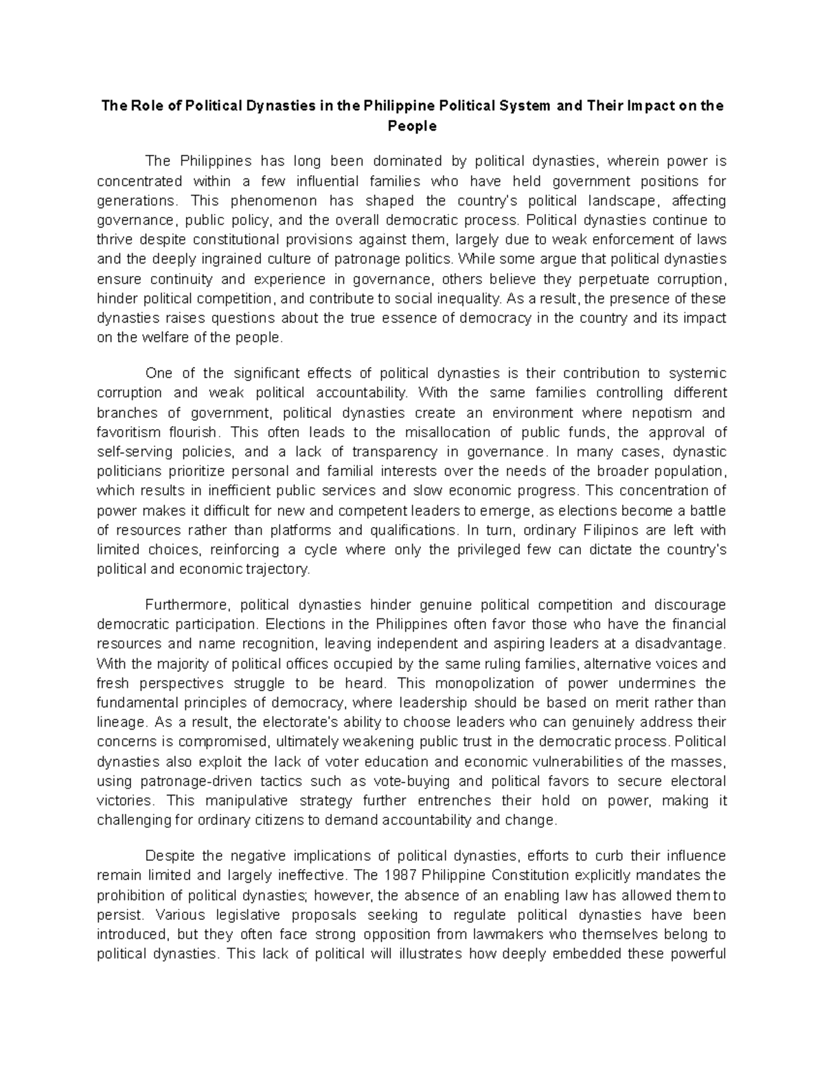 Political Dynasties and Their Impact on Democracy in the Philippines ...