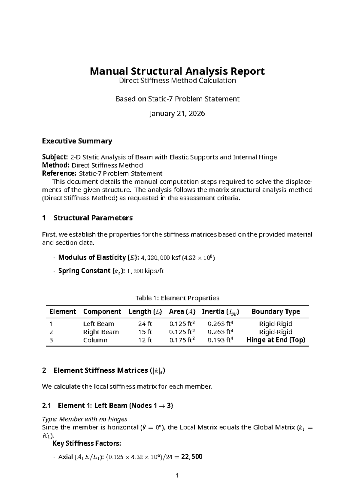 Manual Structural Analysis Report: Direct Stiffness Method (ENG 202 ...