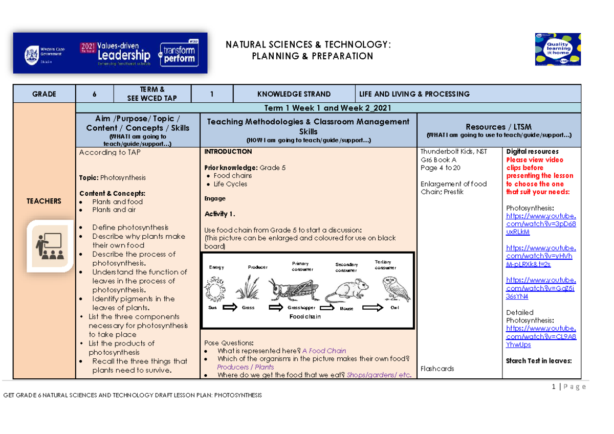 Lesson Plan Gr. 6 NST: Photosynthesis T1 W1 & W2 2021 - Studocu