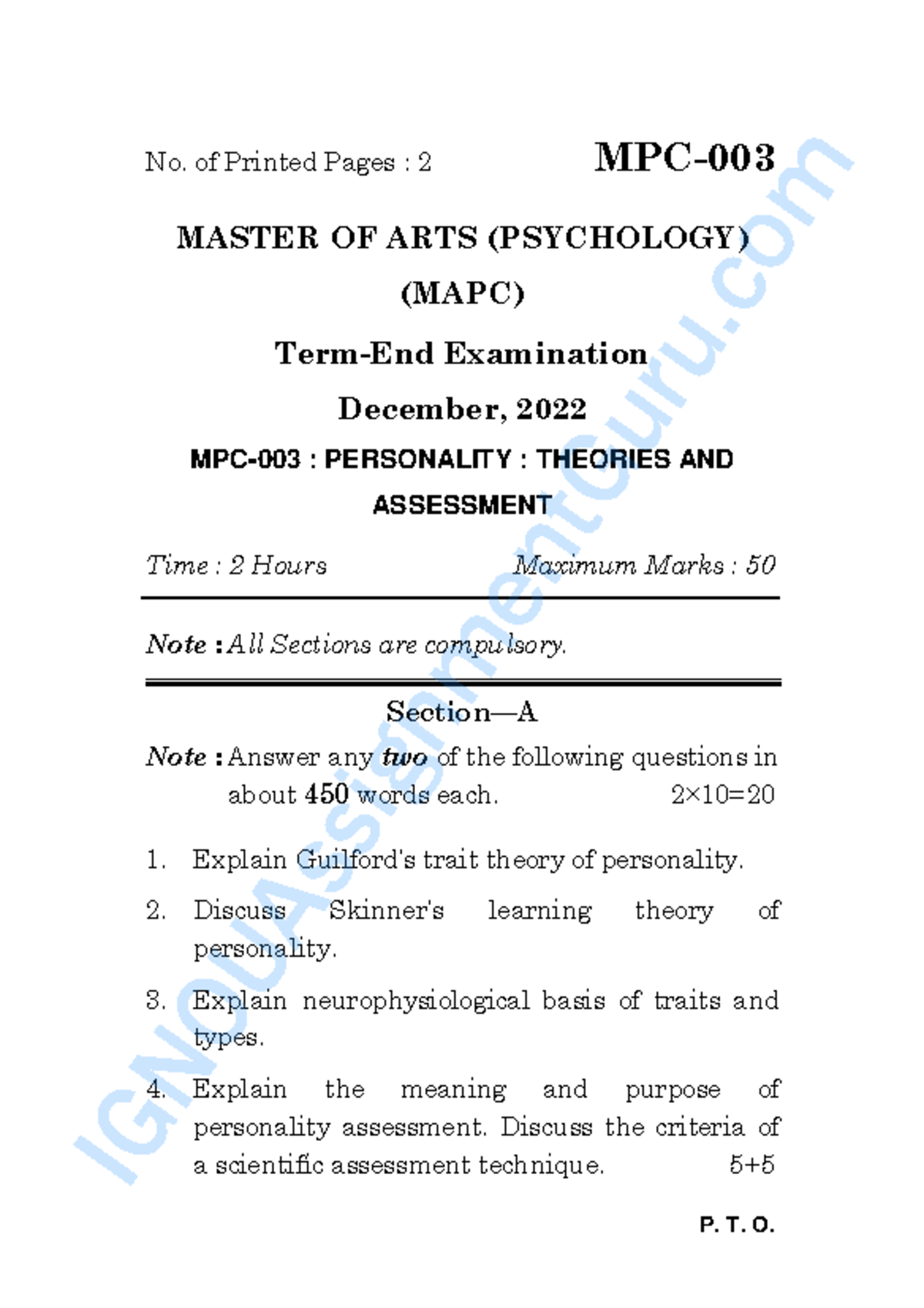 MAPC MPC3 Dec 2022 - Personality Theories & Assessment Qs - Studocu