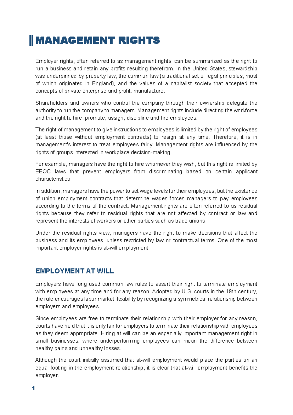 Management Rights in the Workplace: Key Concepts and Legal Limits - Studocu