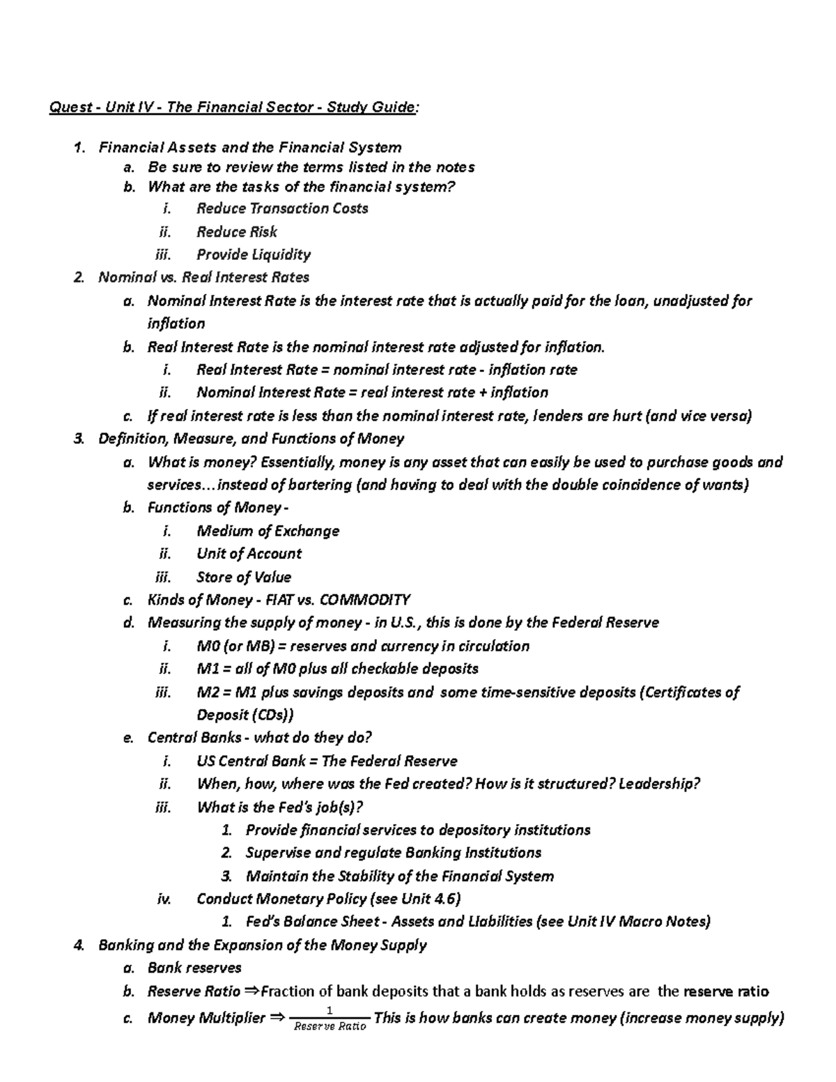 Unit IV Macro Economics: Understanding the Financial Sector Study Guide ...