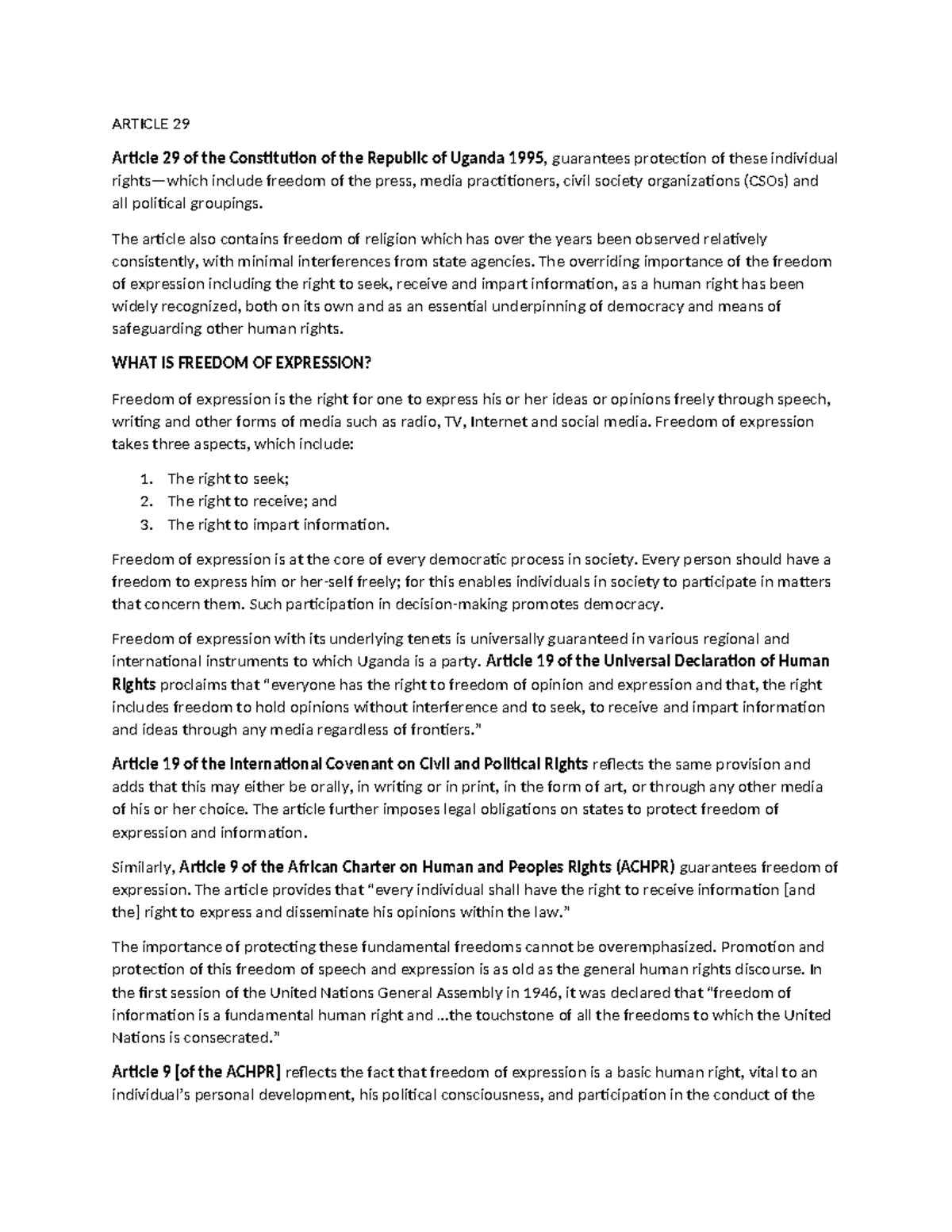 Article 29 - Constitutional Rights and Freedom of Expression Notes ...