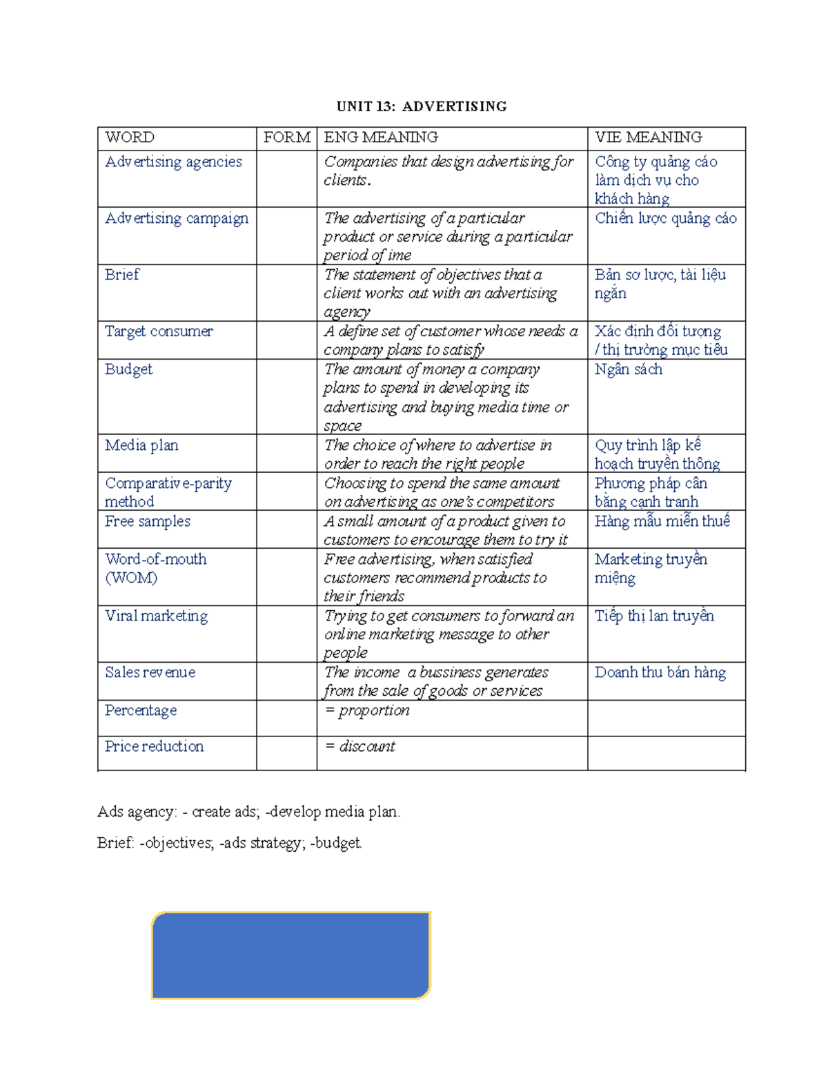 UNIT 13: ADVERTISING WORDS & AGENCIES - ENG MEANING & CONCEPTS - Studocu