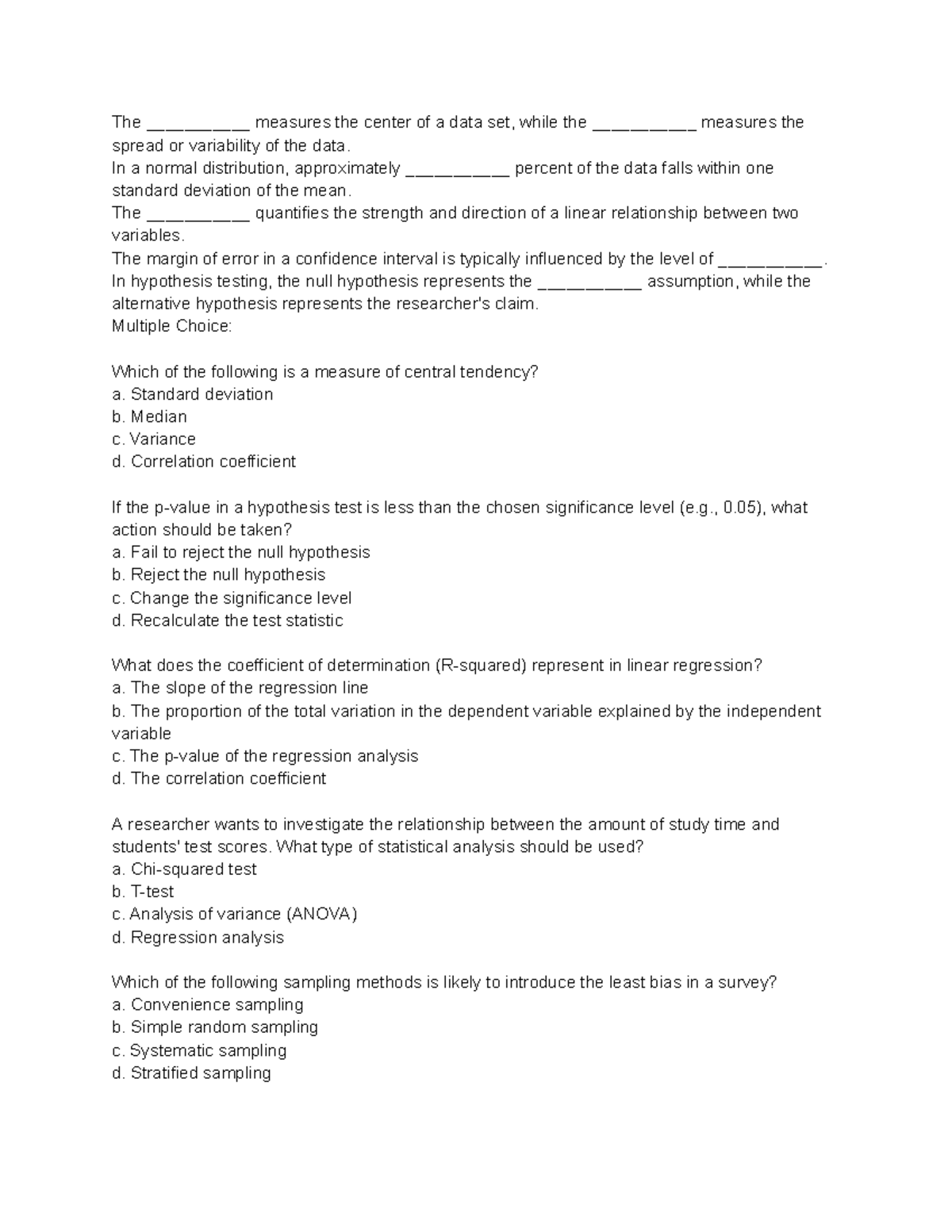 Stats 101: Key Concepts & Multiple Choice Questions for Exams - Studocu