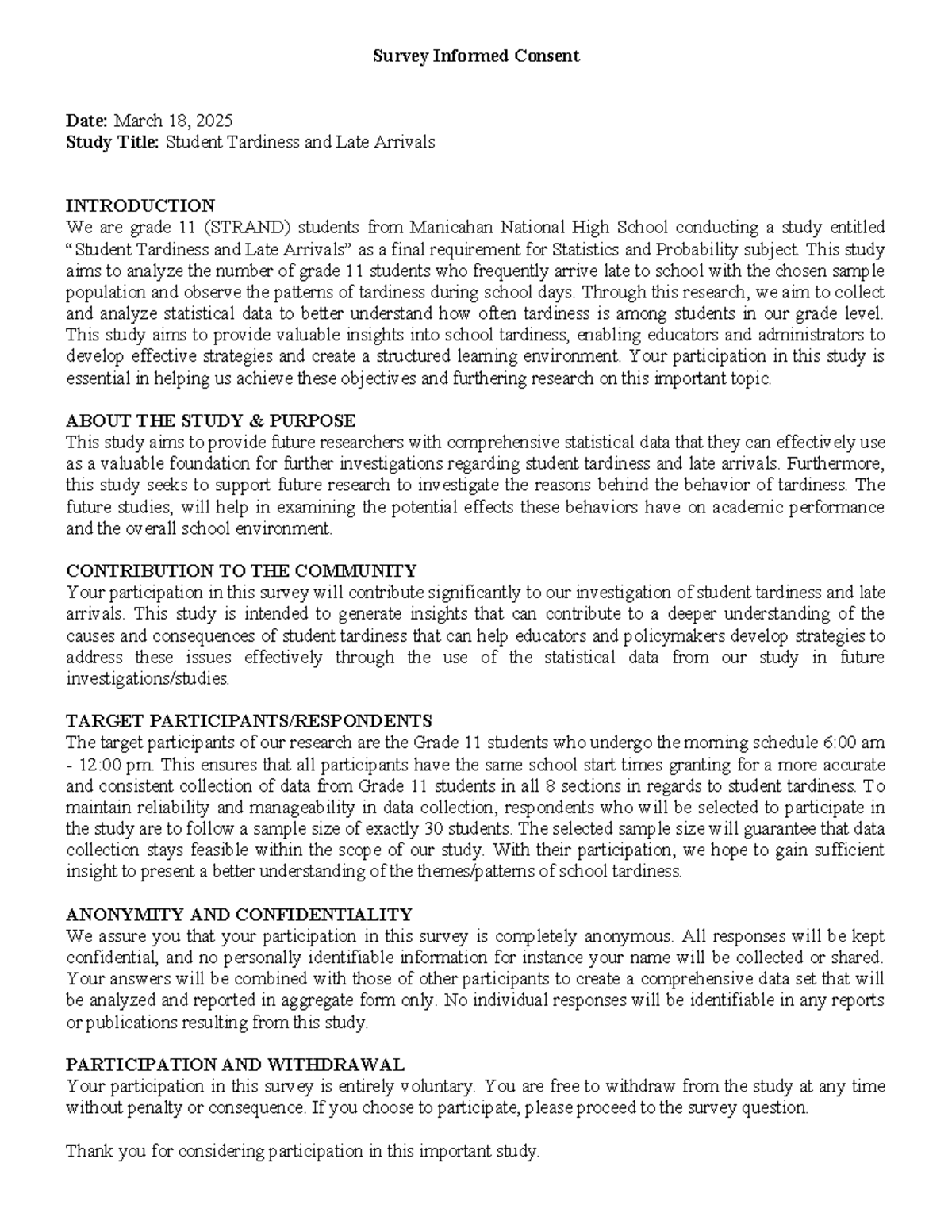 Survey Informed Consent for Study on Student Tardiness (Statistics ...