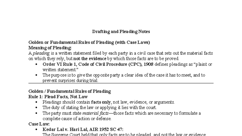 CPC 1908: Drafting & Pleading Notes with Case Laws Summary - Studocu