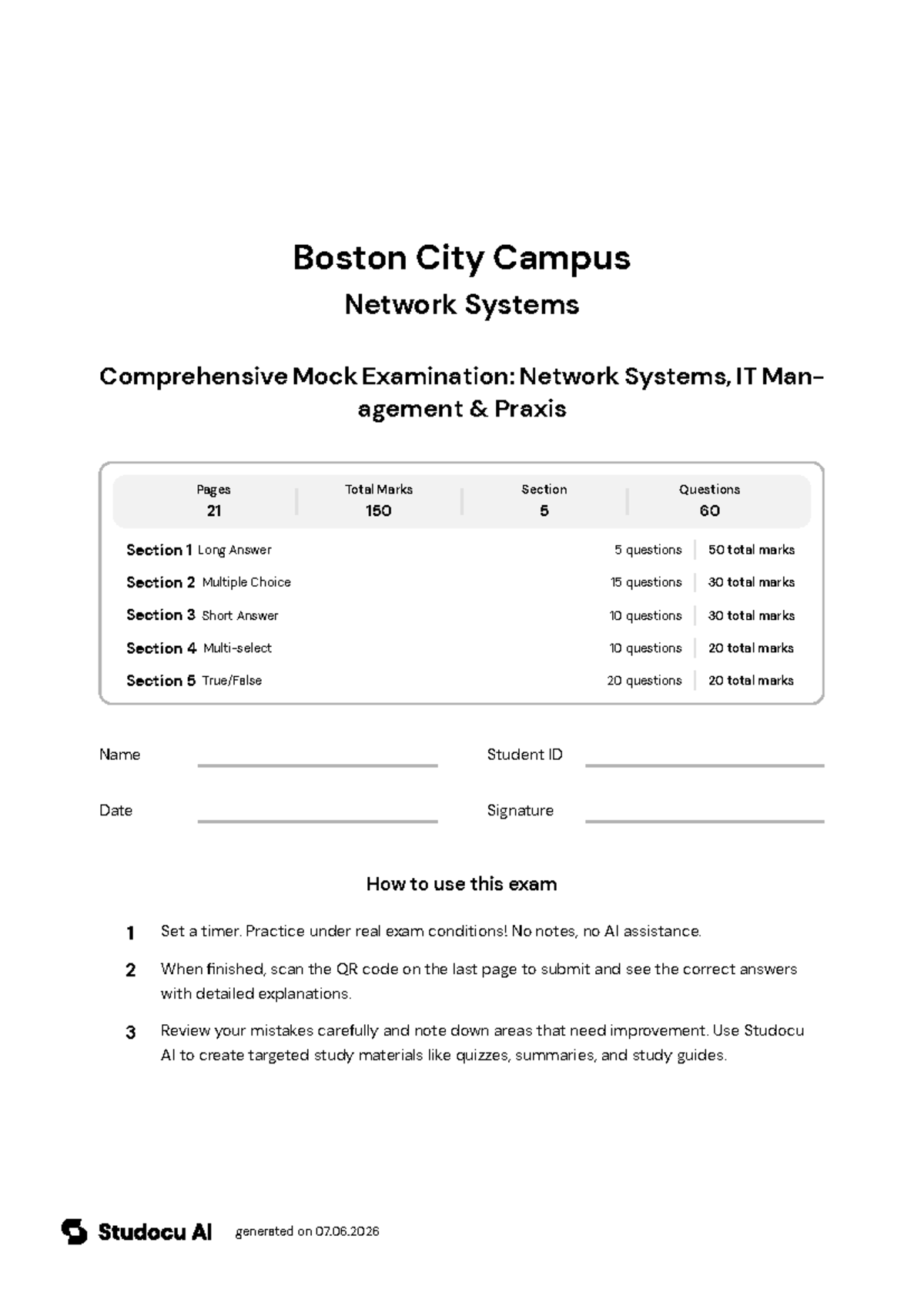 Comprehensive Mock Exam: Network Systems & IT Management - Studocu