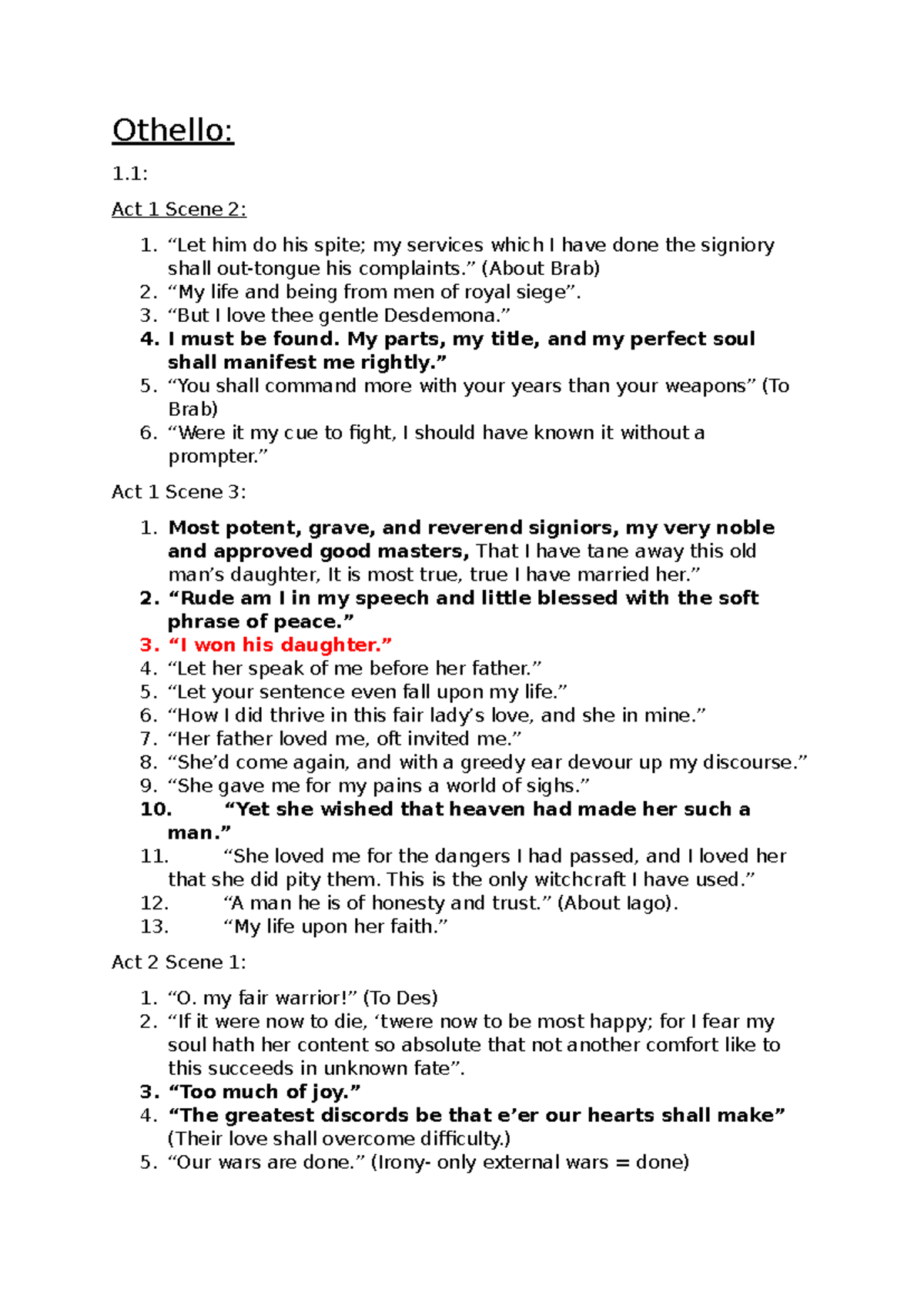 Othello Quotes Analysis - Key Lines from Acts 1-5 (ENG 101) - Studocu
